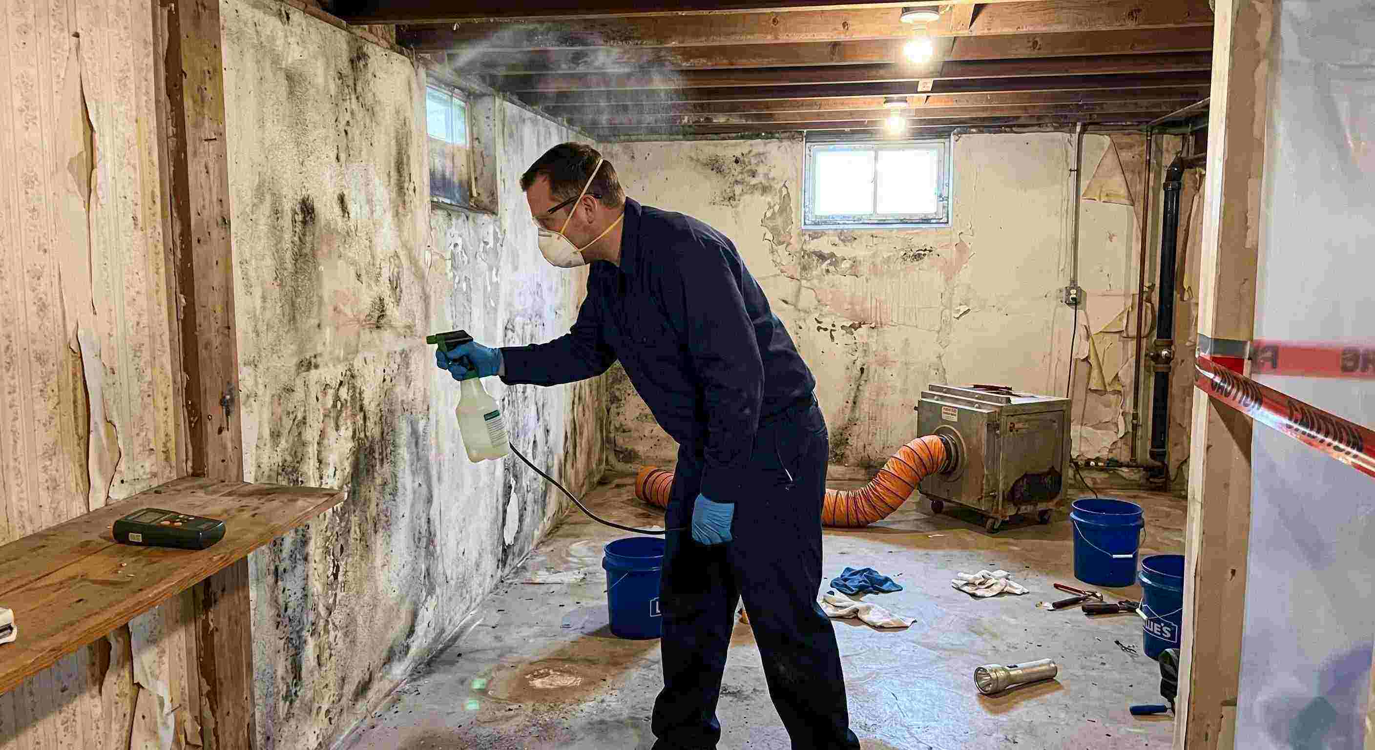 Professional technician performing antimicrobial mold treatment in a damp basement during mold remediation in a home in St. Petersburg.