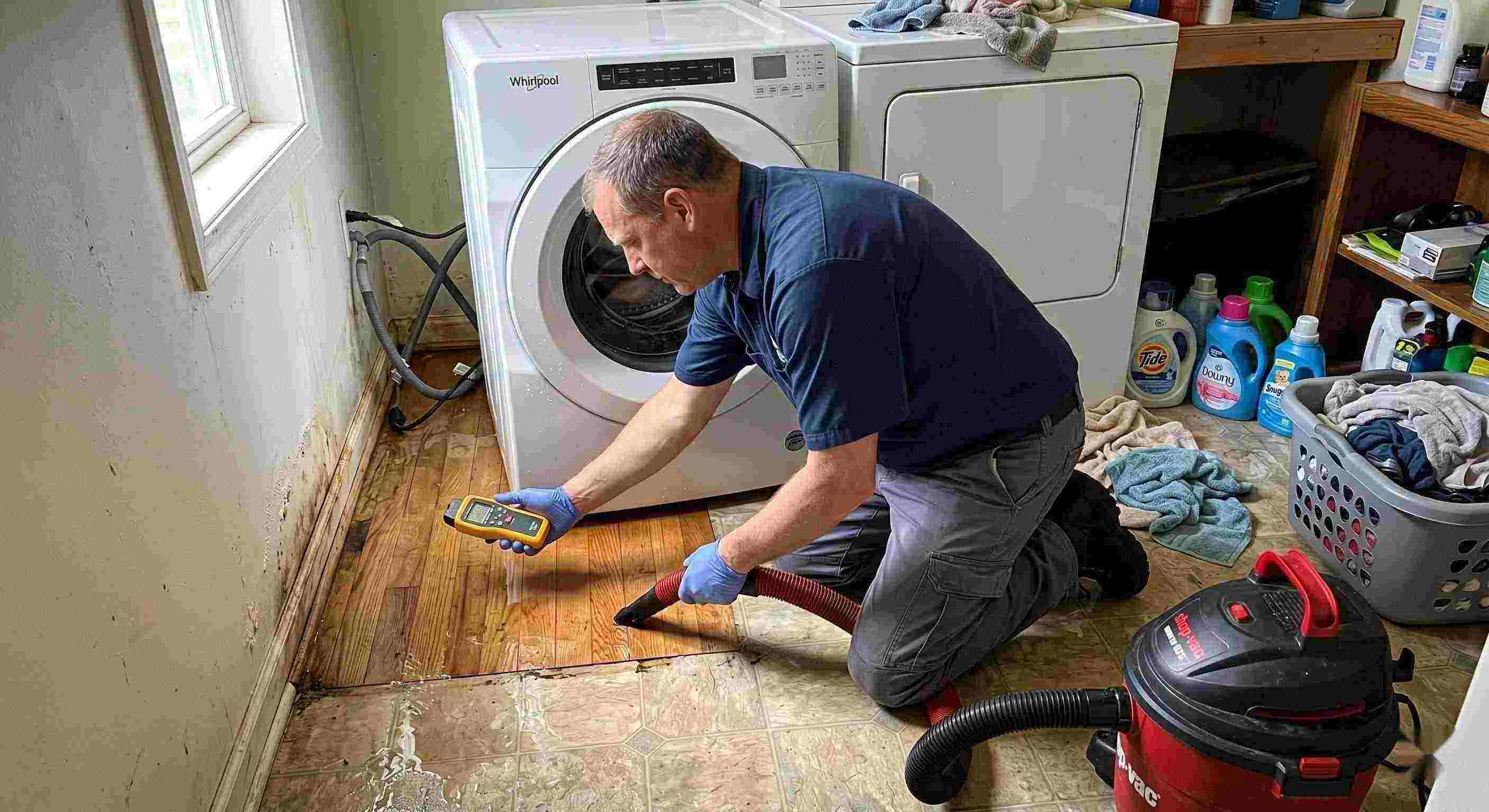 Appliance leak cleanup in a home laundry area with water pooling around the washing machine, showing technicians removing water and inspecting damp floors in St. Petersburg.