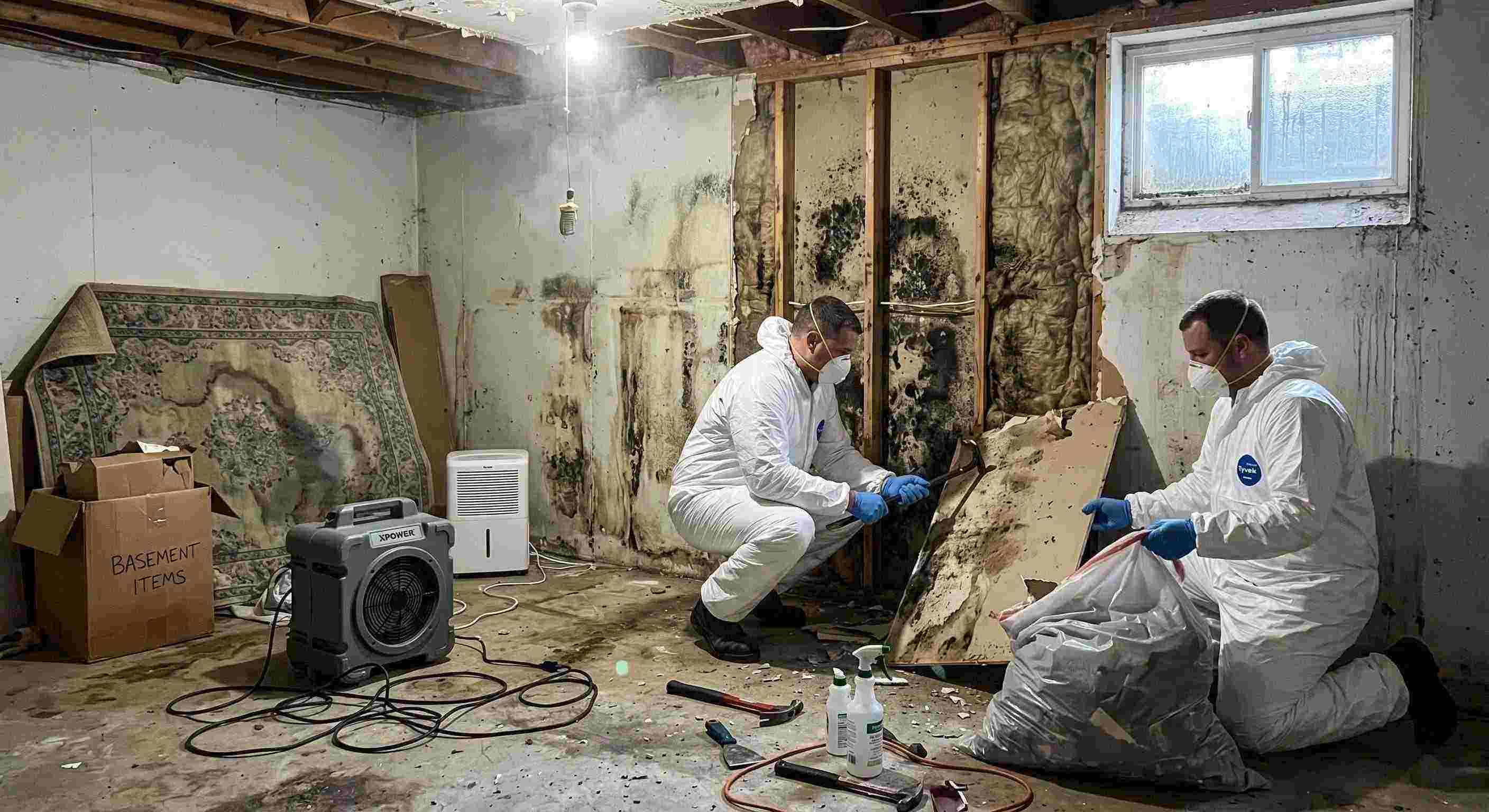 Realistic basement mold removal in a home in St. Petersburg, showing technicians safely removing black mold and using dehumidifiers and HEPA air scrubbers.