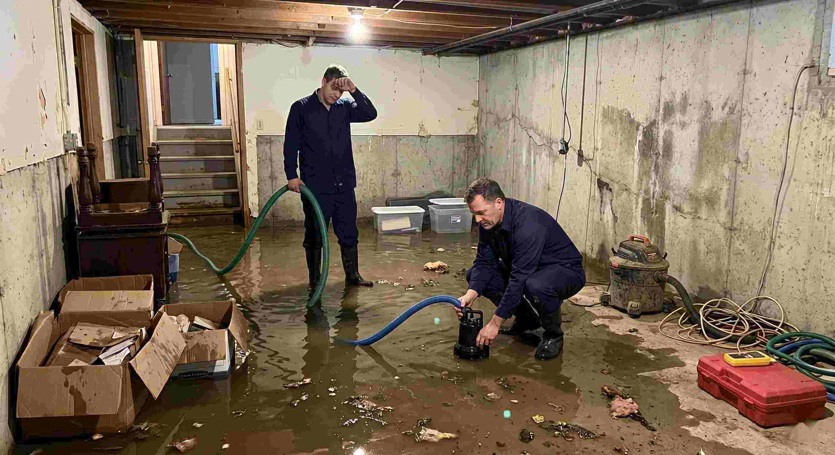 basement water removal service in St. Petersburg with technicians pumping out flooded basement