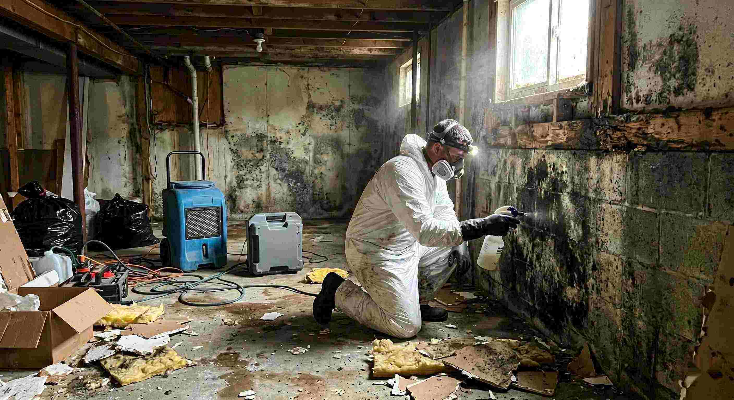 Technician performing black mold cleanup in a damp residential basement in St. Petersburg, showing removed drywall, mold patches, and remediation equipment.