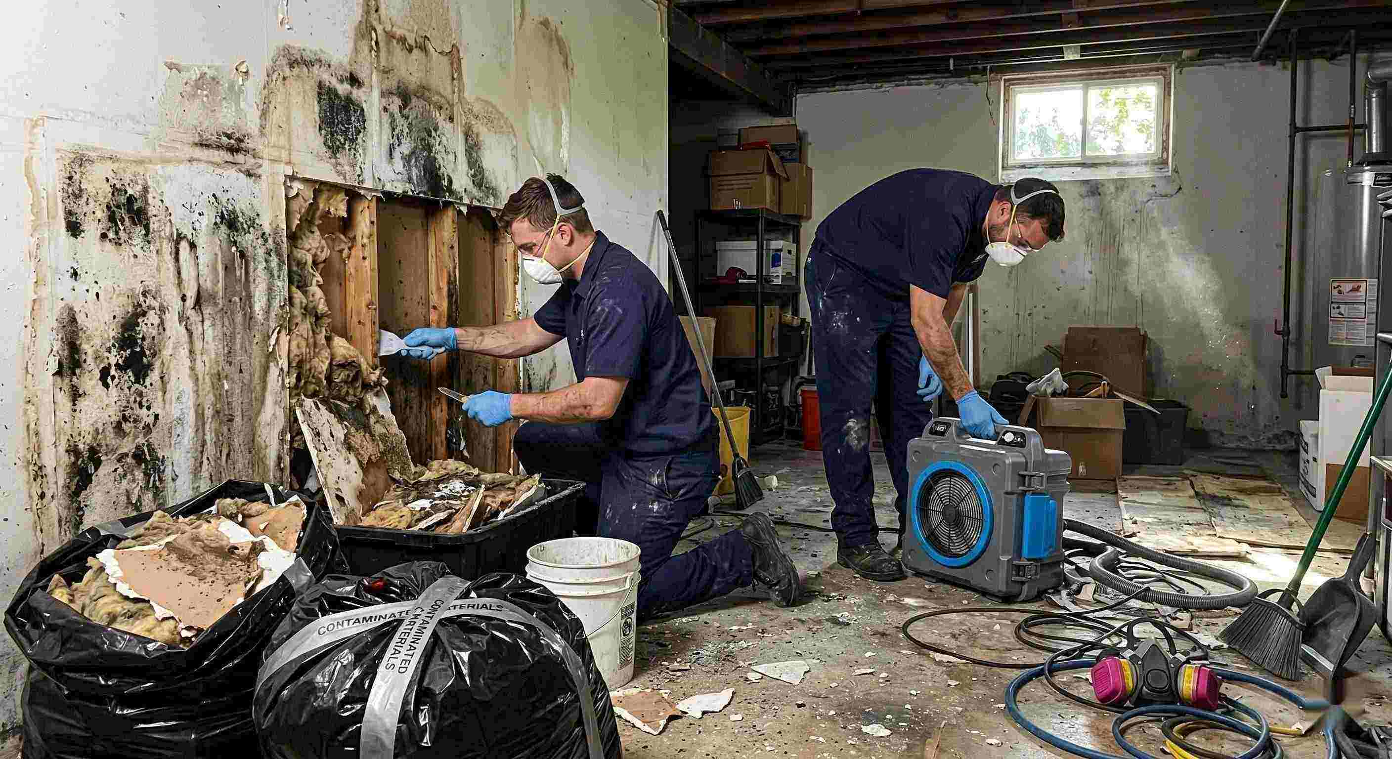 Technicians performing black mold cleanup in a damp residential basement in St. Petersburg, carefully removing contaminated drywall and insulation.