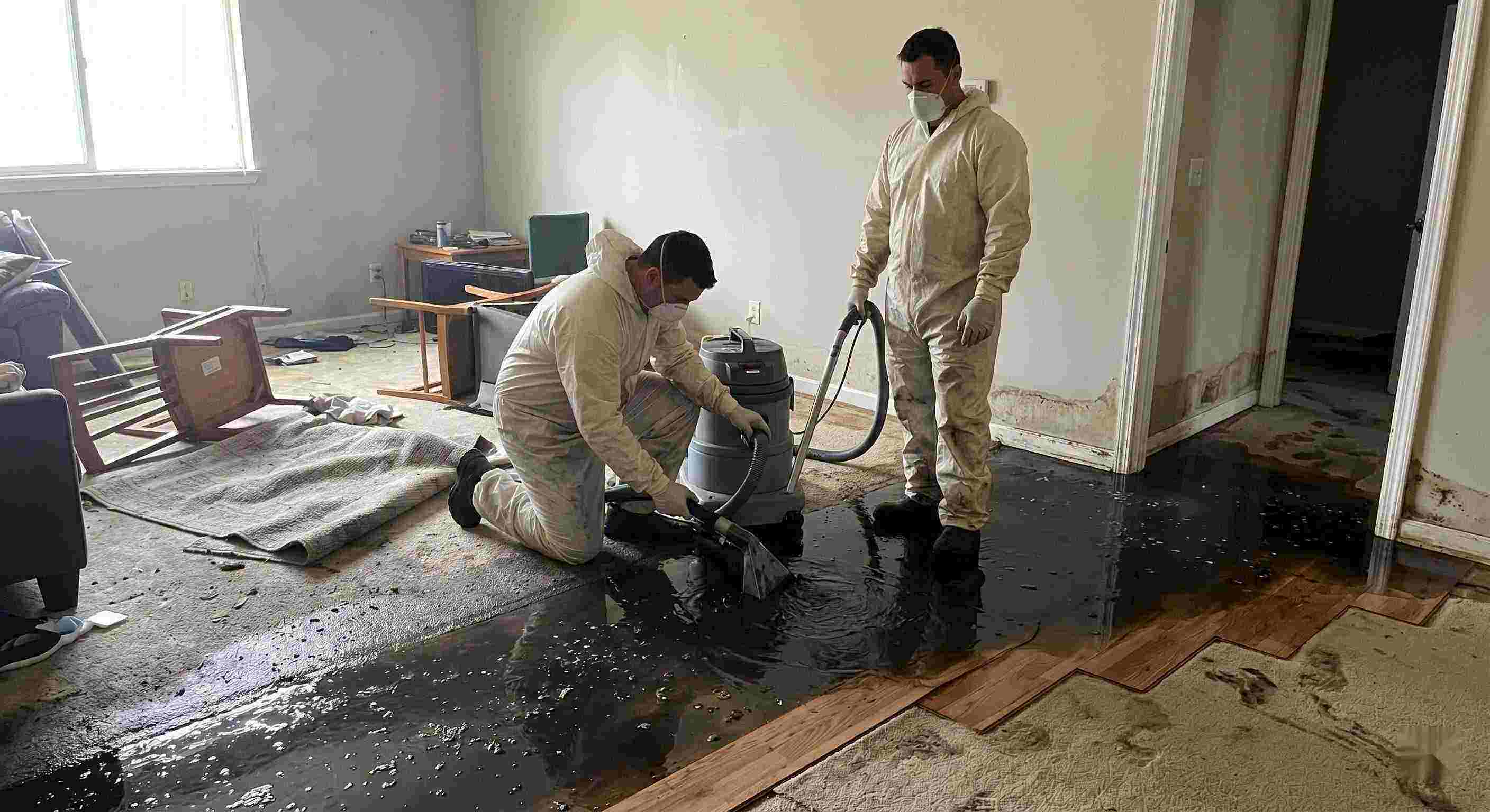 Black water removal service in St. Petersburg showing technicians extracting contaminated sewage water from flooded home interior
