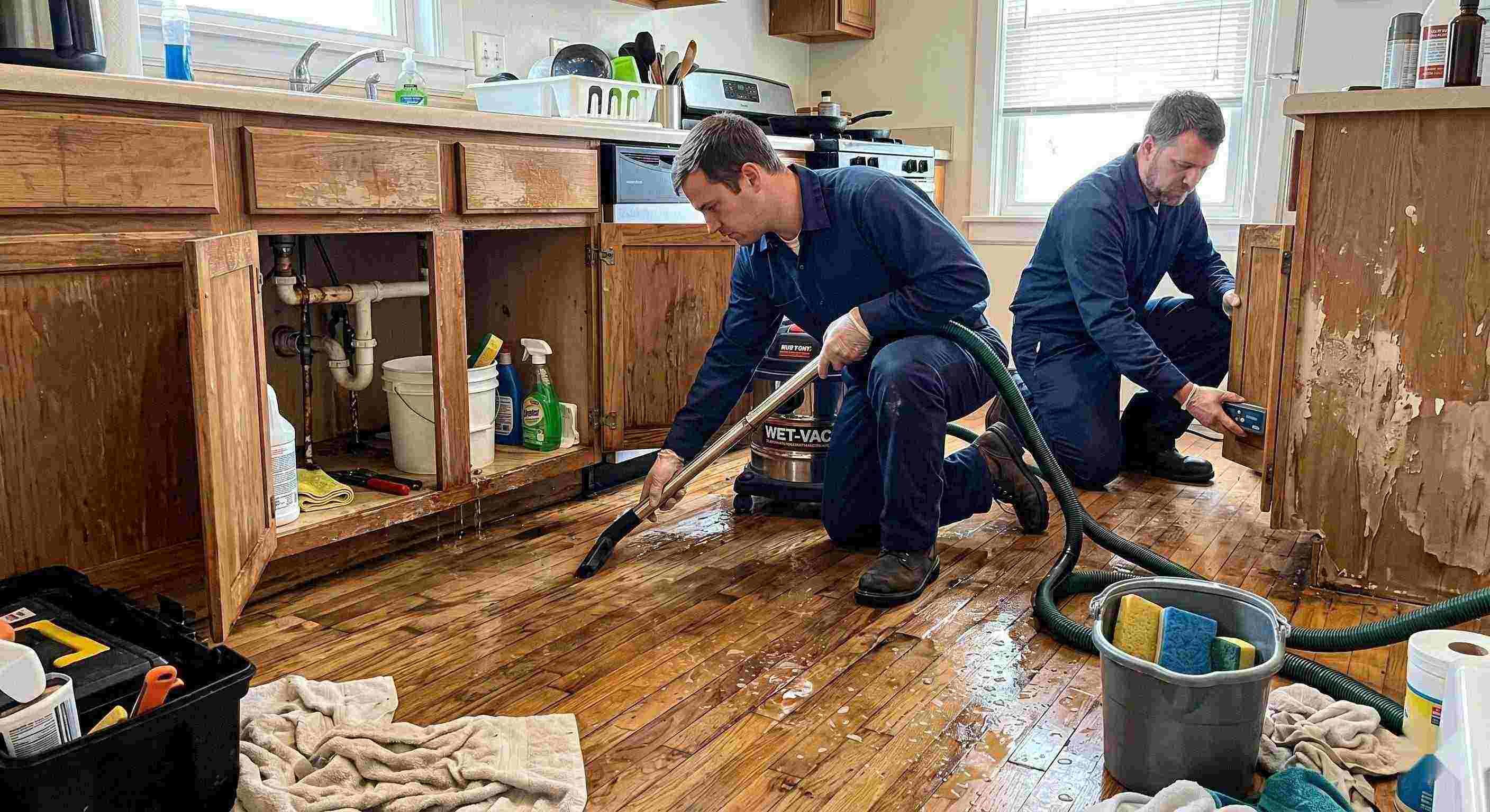 Realistic photo of technicians performing burst pipe water damage cleanup in a home in St. Petersburg, removing standing water and inspecting wet floors and walls.