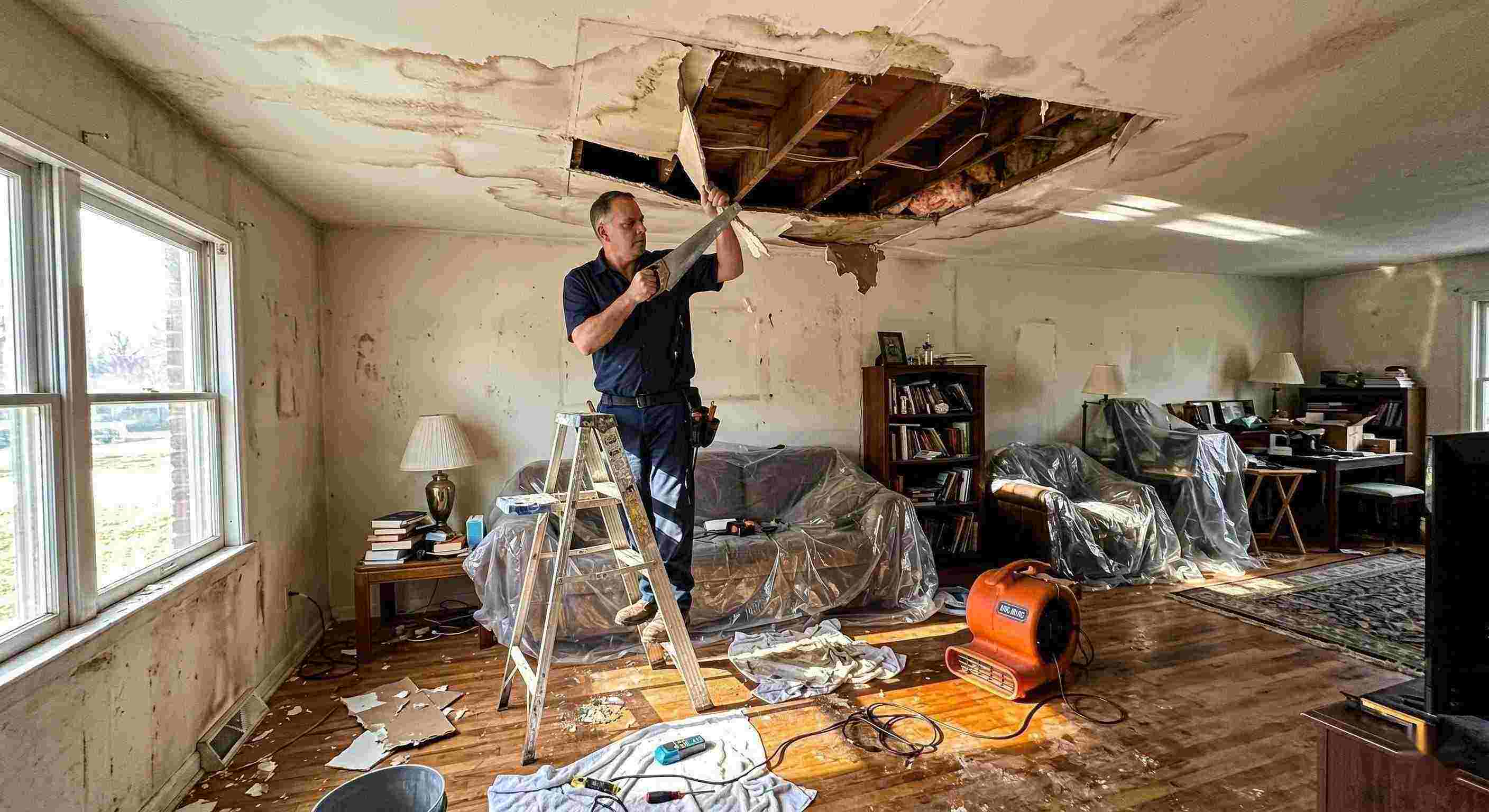 Realistic indoor scene of technicians performing ceiling leak repair in a home in St. Petersburg, showing water-damaged ceiling, tools, and drying equipment.