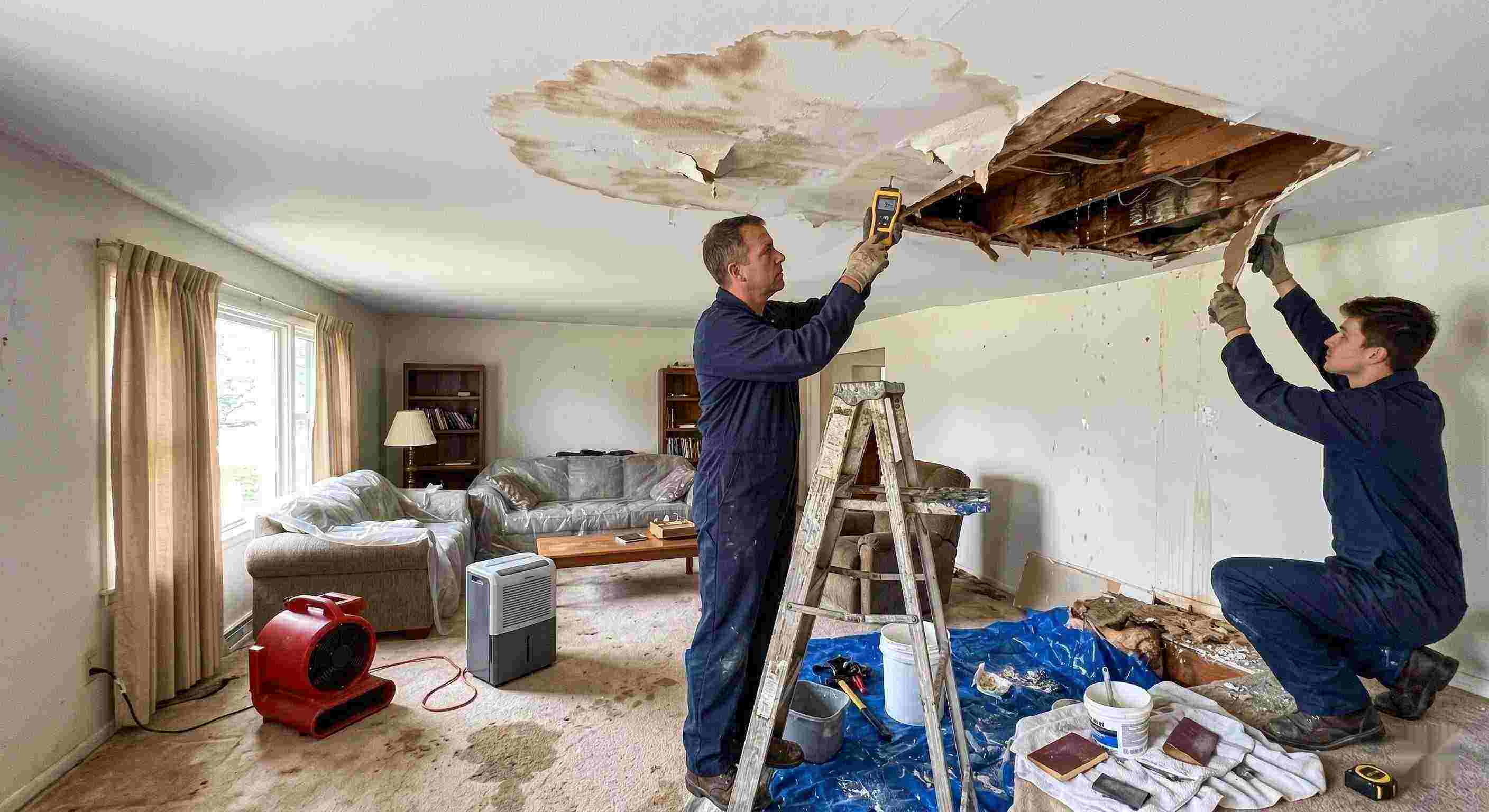 Realistic residential ceiling leak repair scene with technicians using moisture meters and air movers to fix water damage in a home in St. Petersburg.