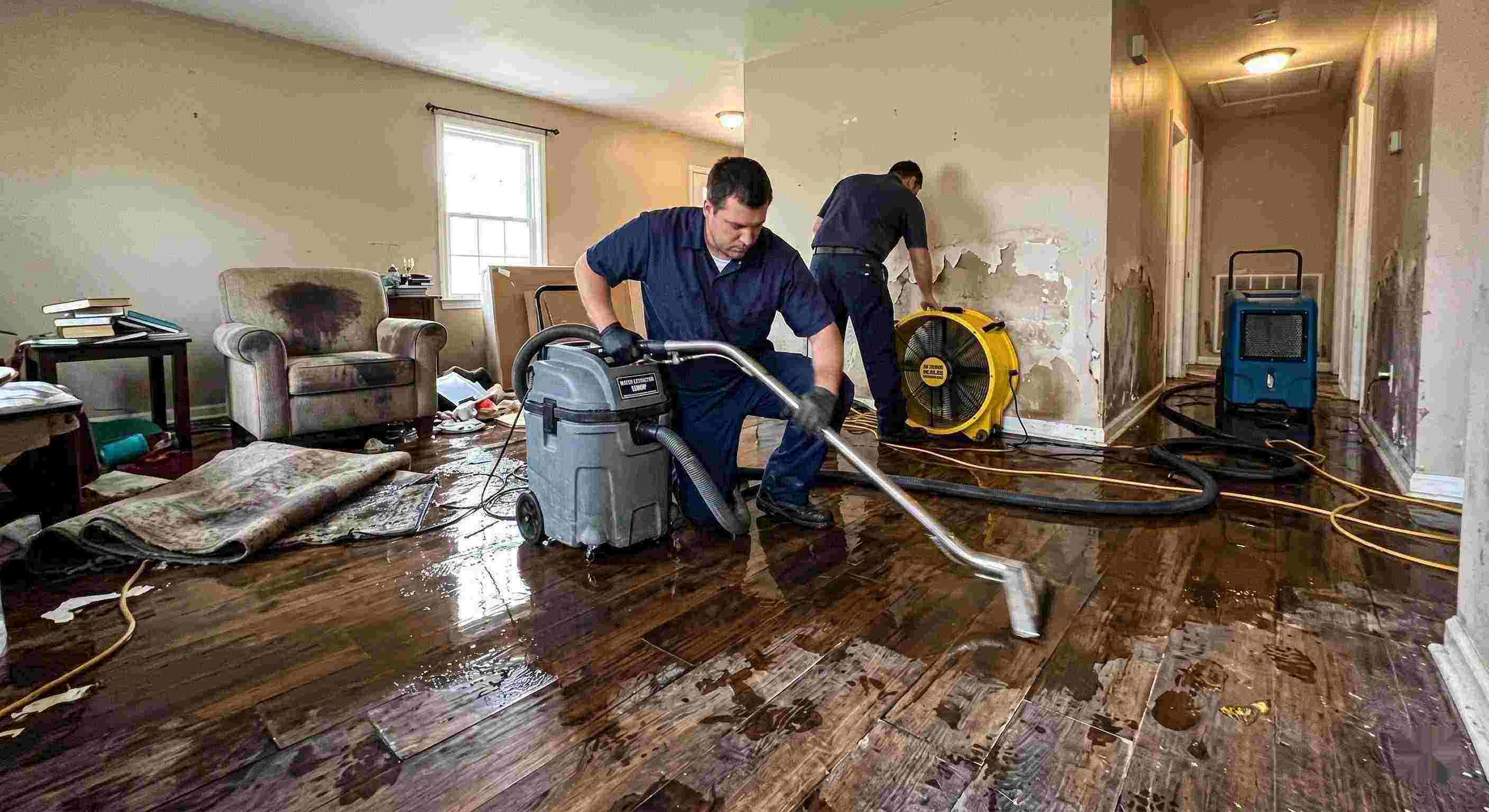 Local emergency water damage restoration technicians removing water from flooded home in Spring Hill