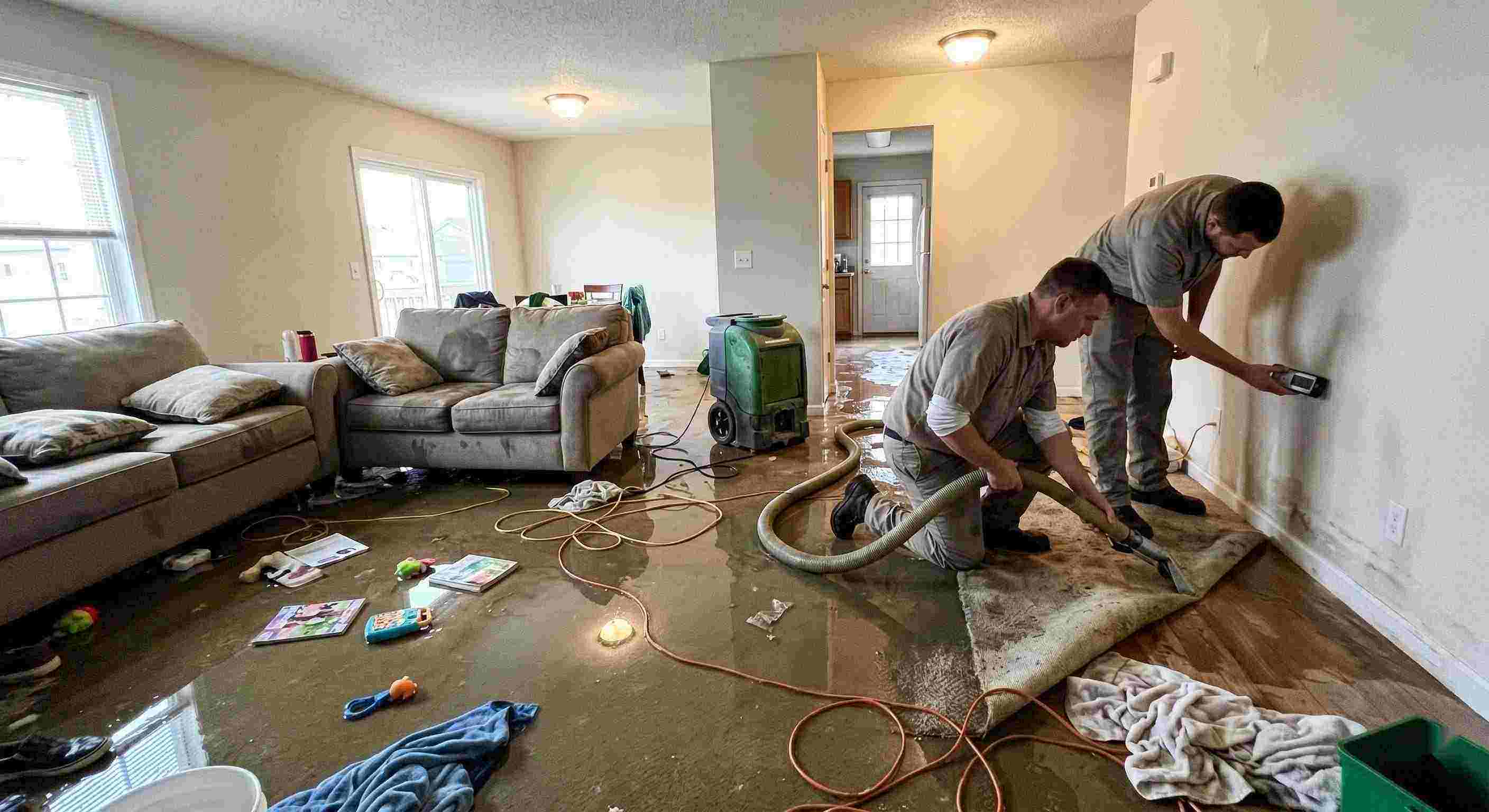 Emergency water removal technicians extracting water from flooded living room in St. Petersburg