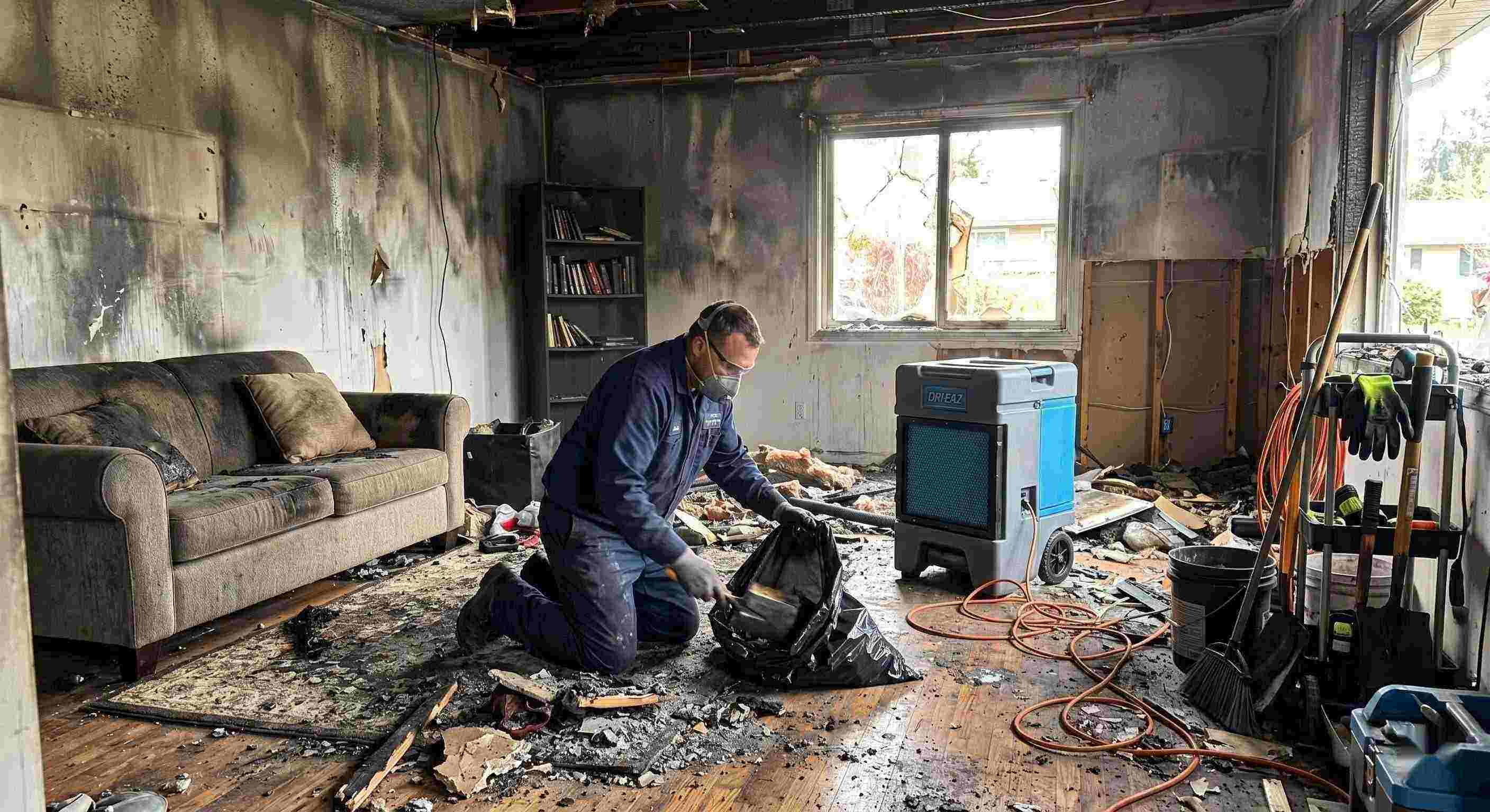 Fire damage cleanup scene with technician removing debris from a home affected by fire in St. Petersburg