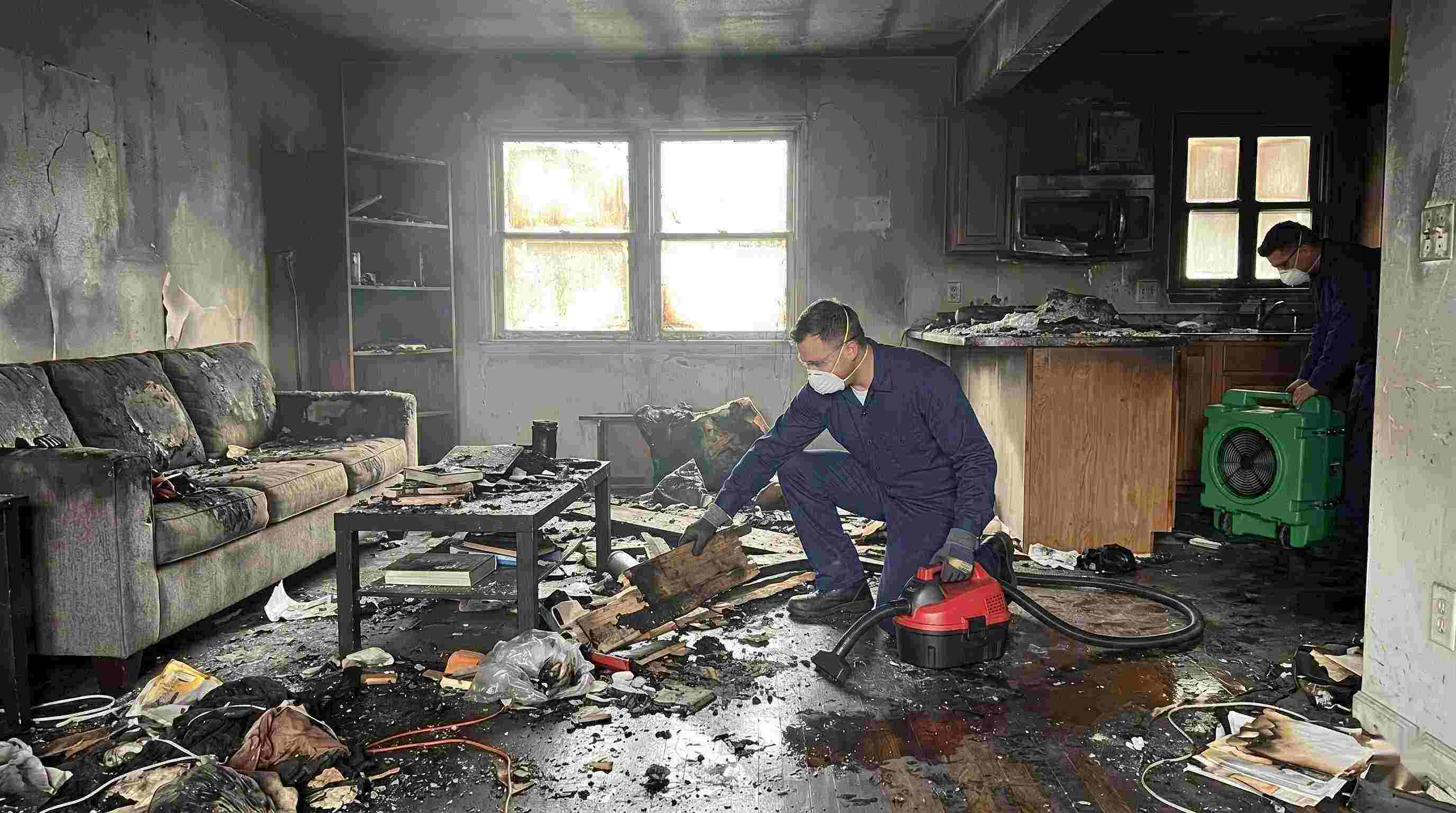 Realistic image showing extensive fire damage in a home with soot, debris, and smoke residue, captured during fire damage restoration in St. Petersburg.