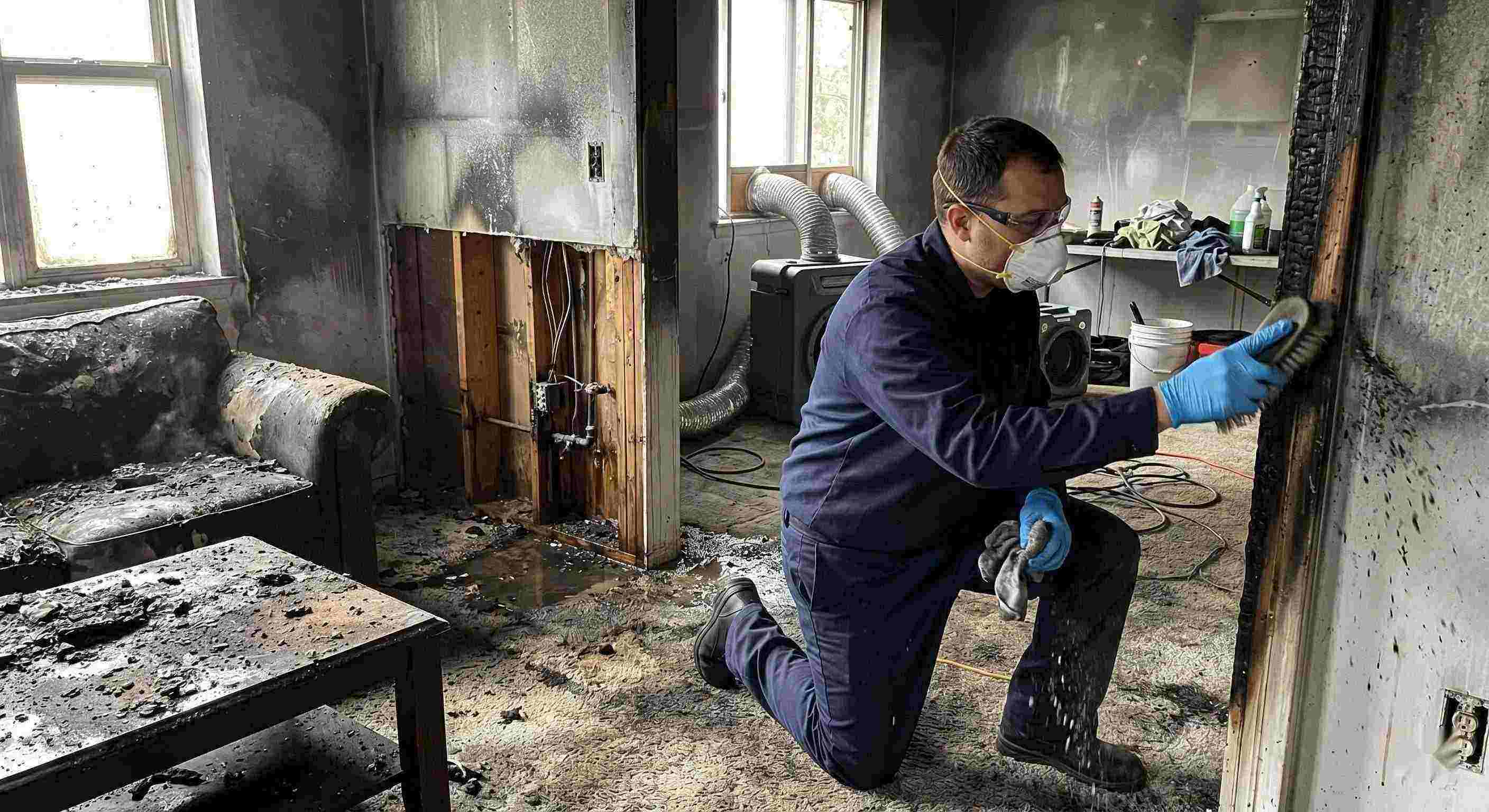 Action shot of a fire damage restoration technician cleaning soot and debris in a home damaged by fire in St. Petersburg