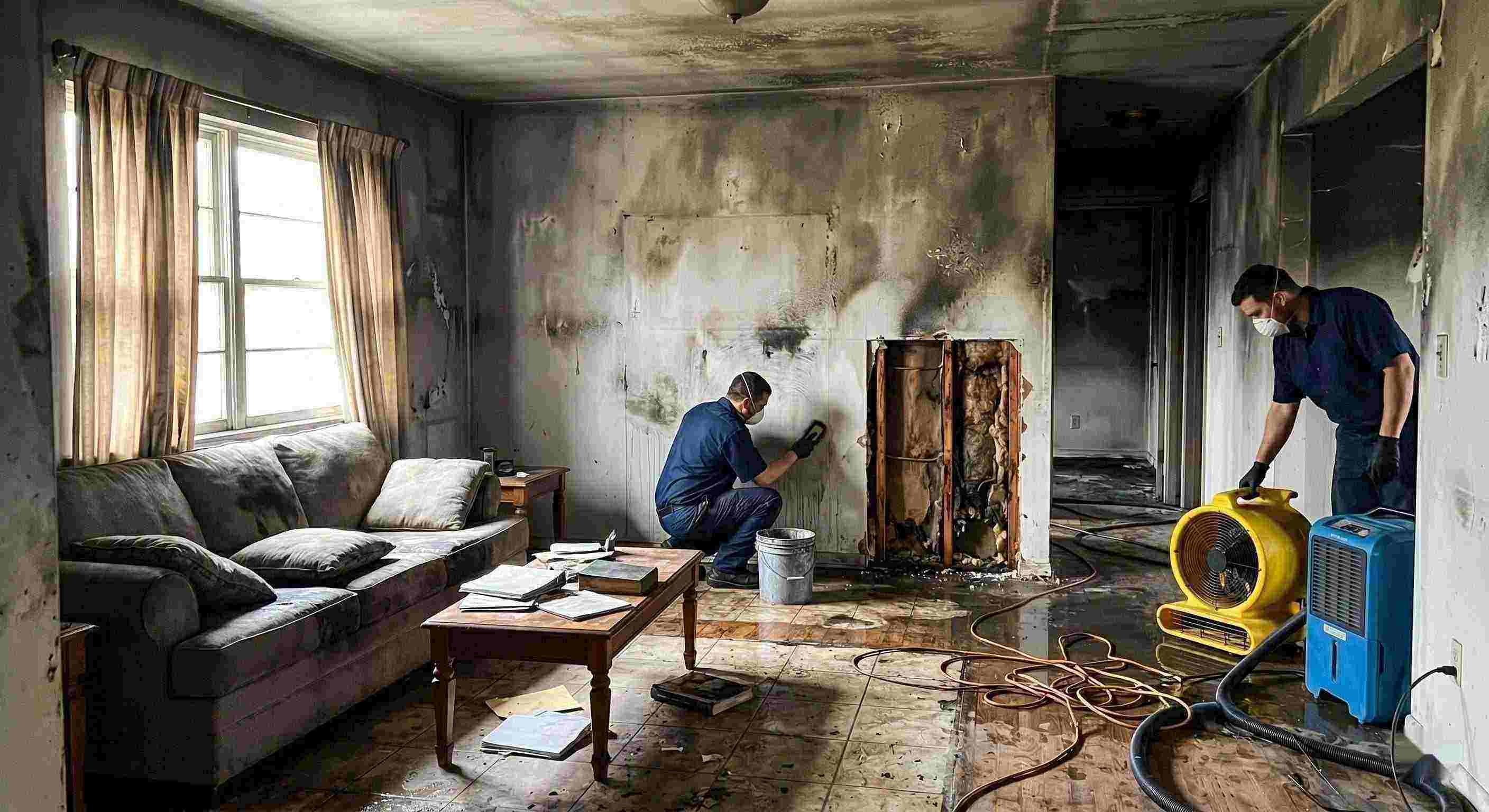 Local fire damage restoration cleanup with technicians removing soot and drying water damage in home Spring Hill