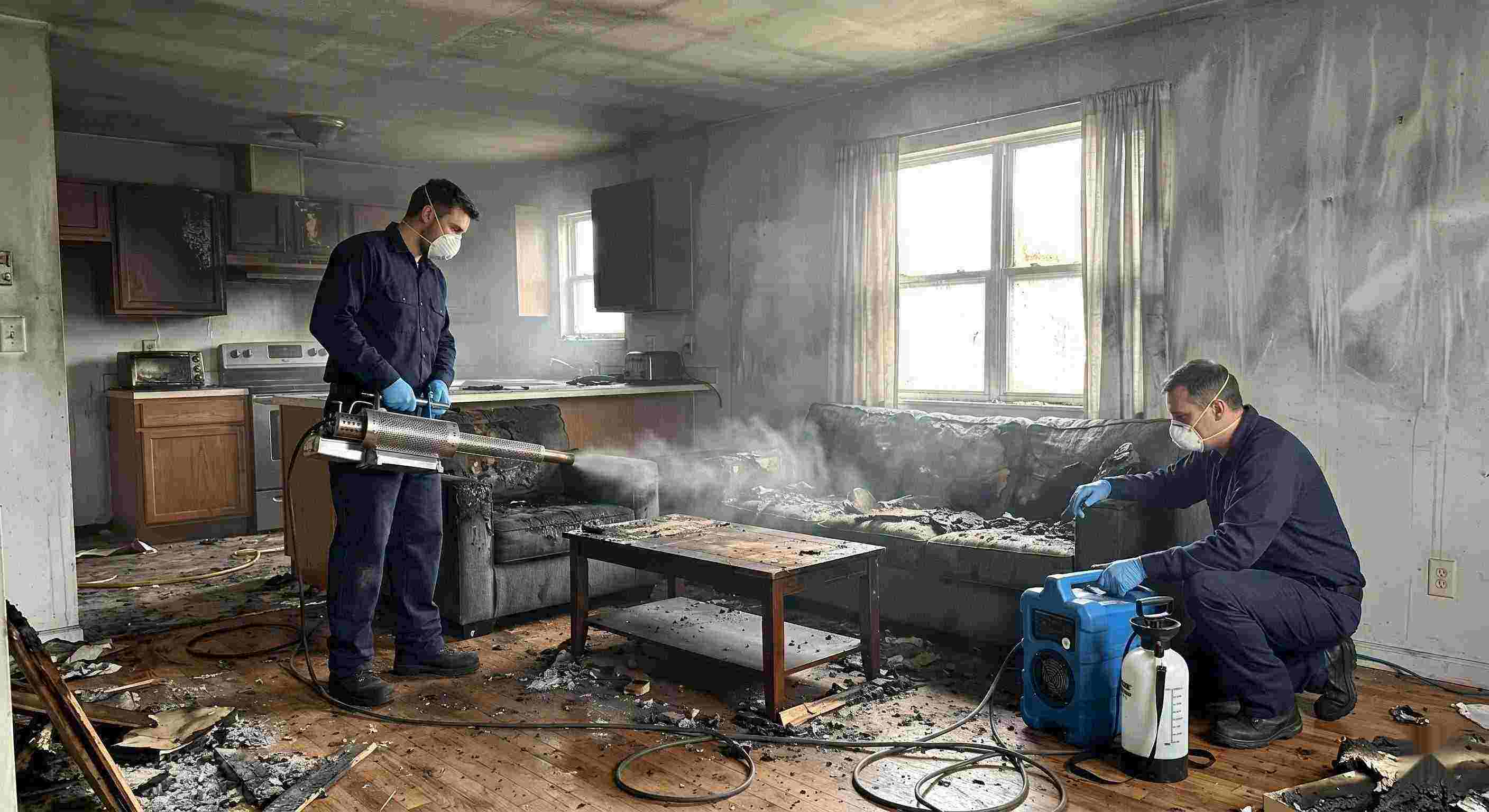 Fire odor removal service in a home showing technicians using thermal fogging equipment to eliminate smoke and soot odors in St. Petersburg.