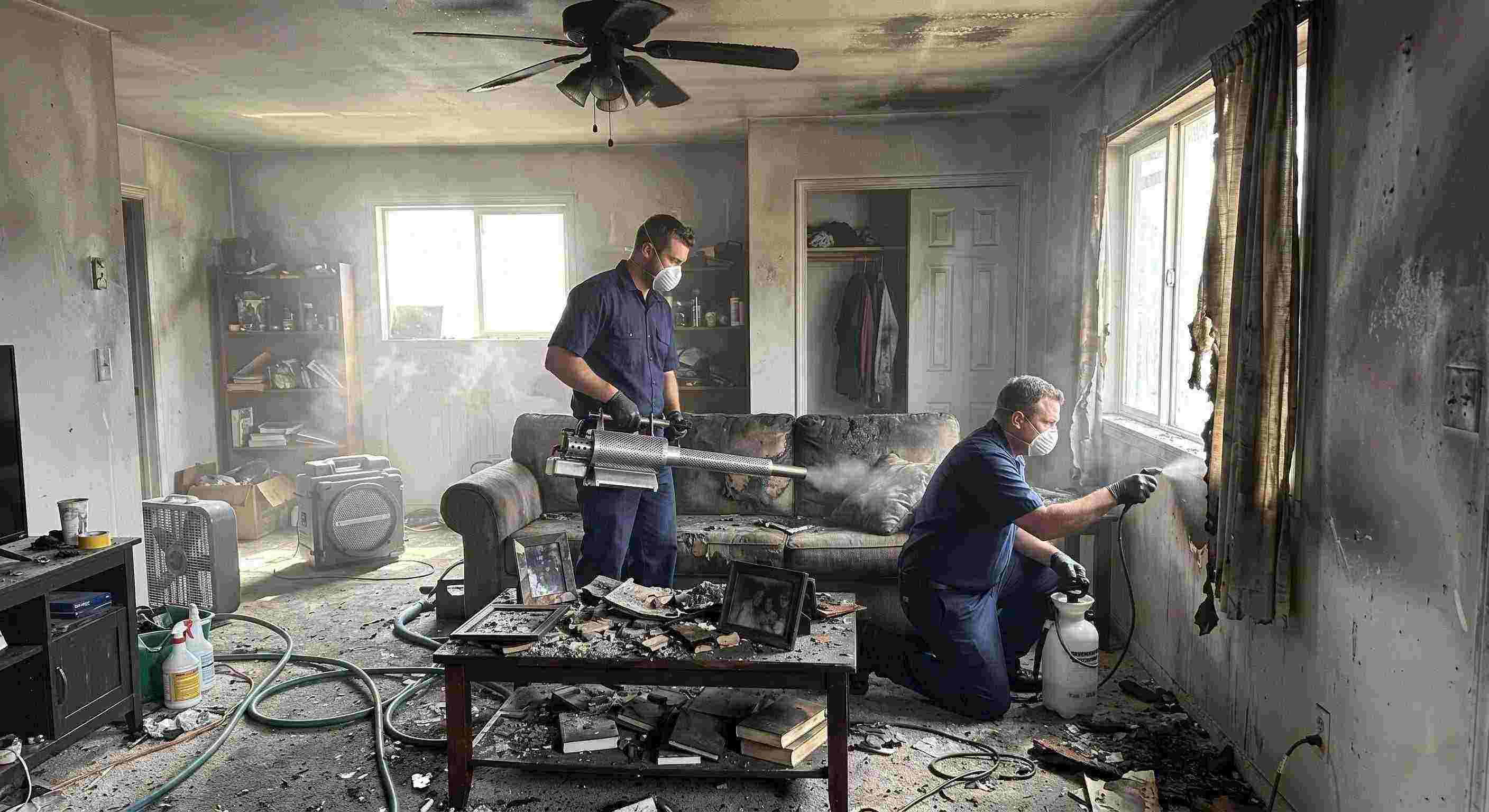 Fire damage restoration technicians removing smoke odors from a soot-stained home in St. Petersburg, using thermal fogging and odor neutralization.