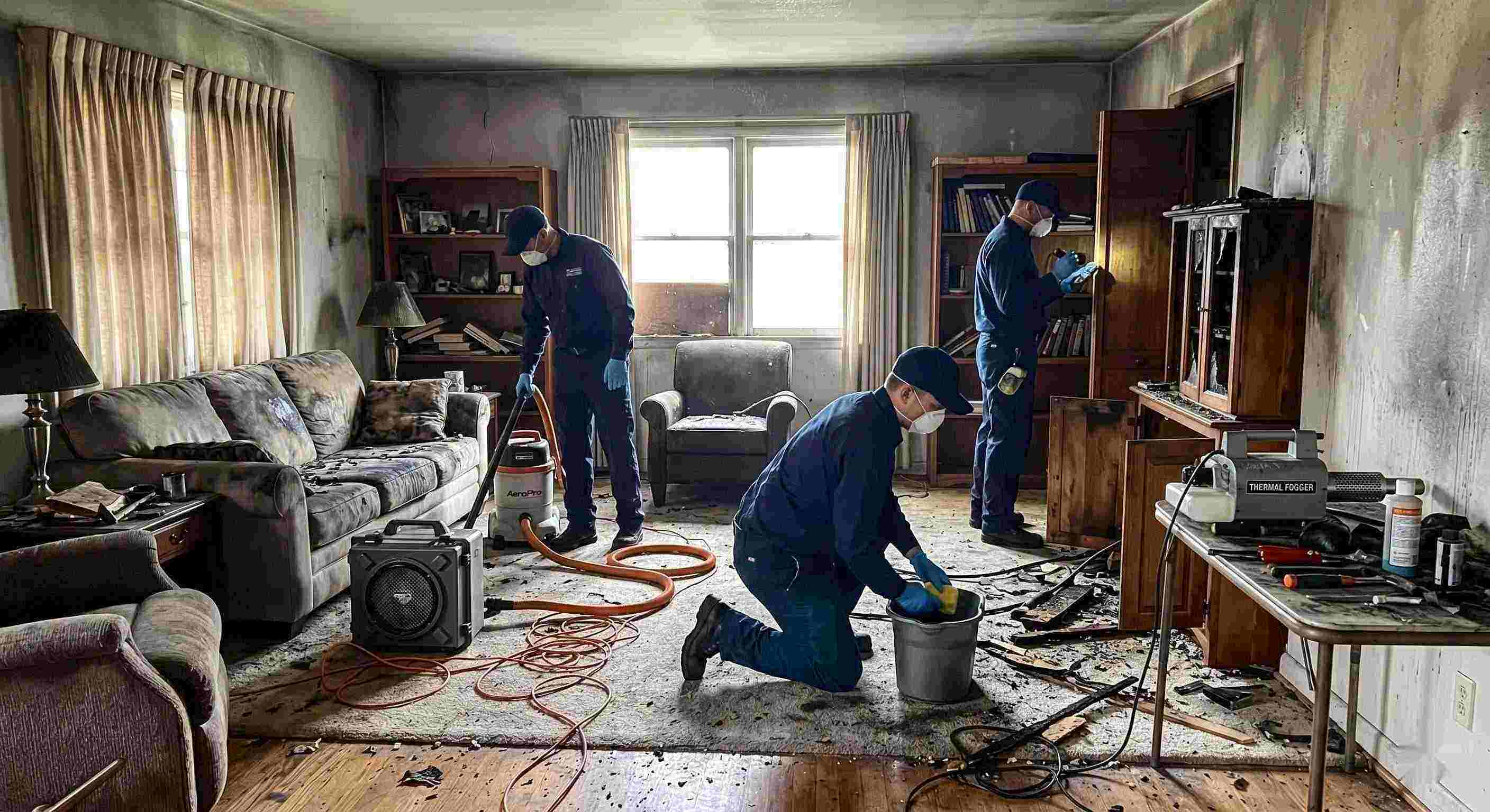Photo of a fire restoration team using professional equipment to clean soot and smoke damage in a St. Petersburg home, emphasizing trust and hands-on expertise.