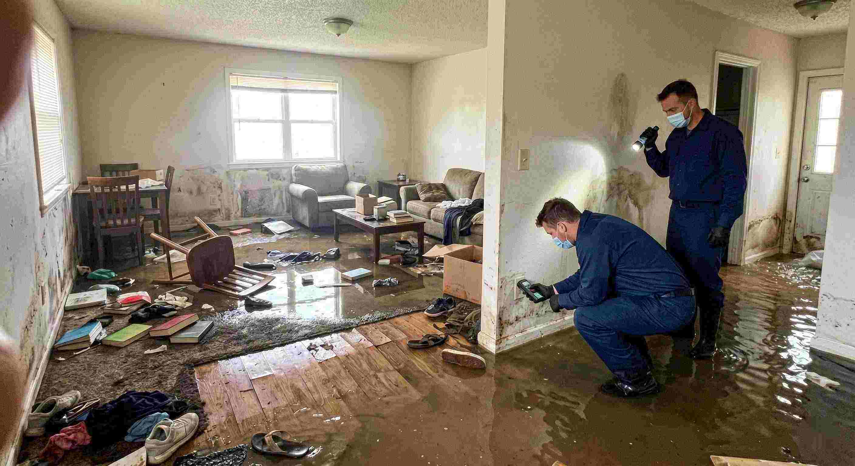 Severe home flooding with waterlogged floors, damaged furniture, and generic technician assessing the damage in St. Petersburg