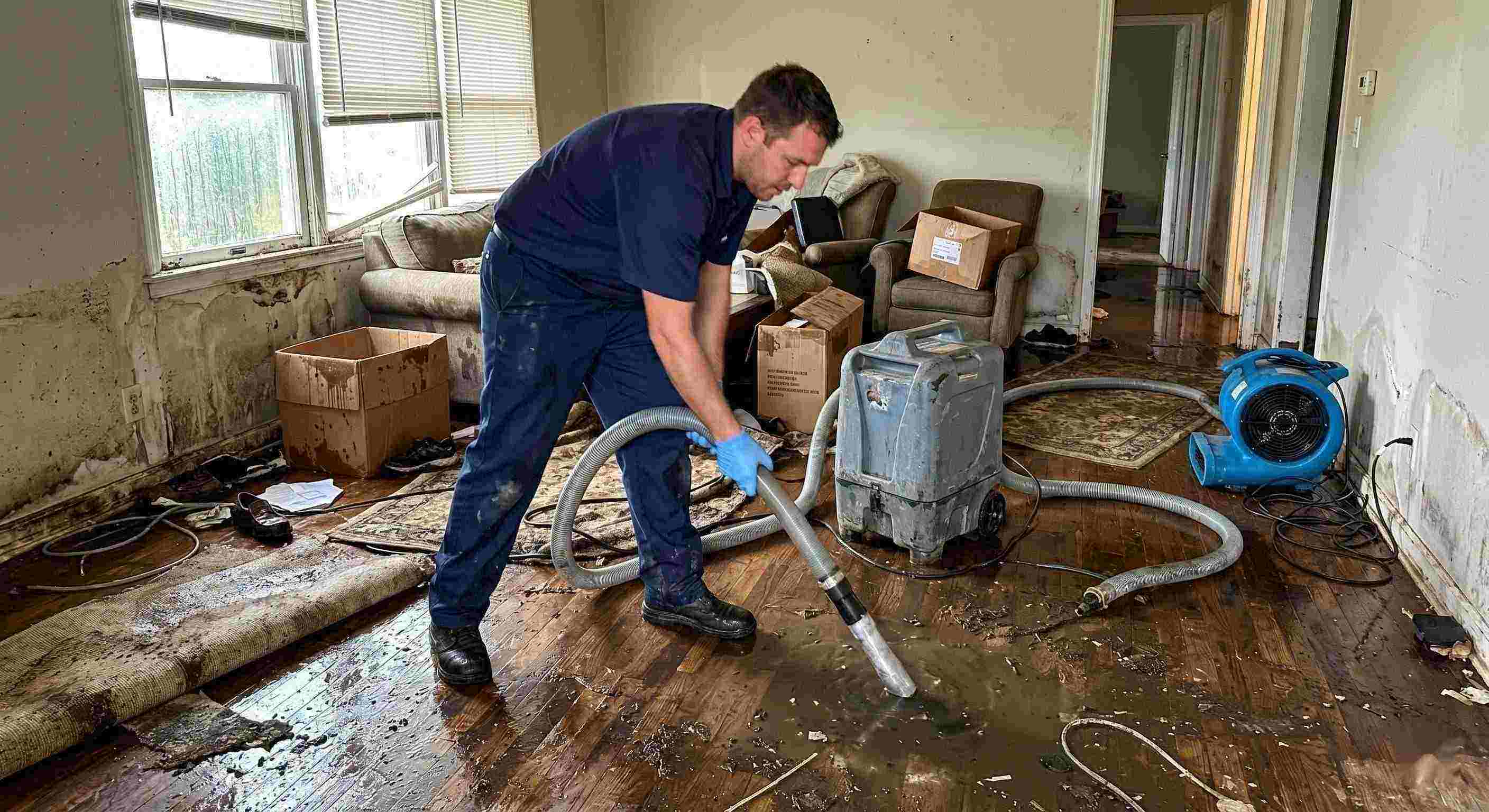 Action shot of a flood damage restoration technician removing standing water in a flooded home during the restoration process in St. Petersburg.