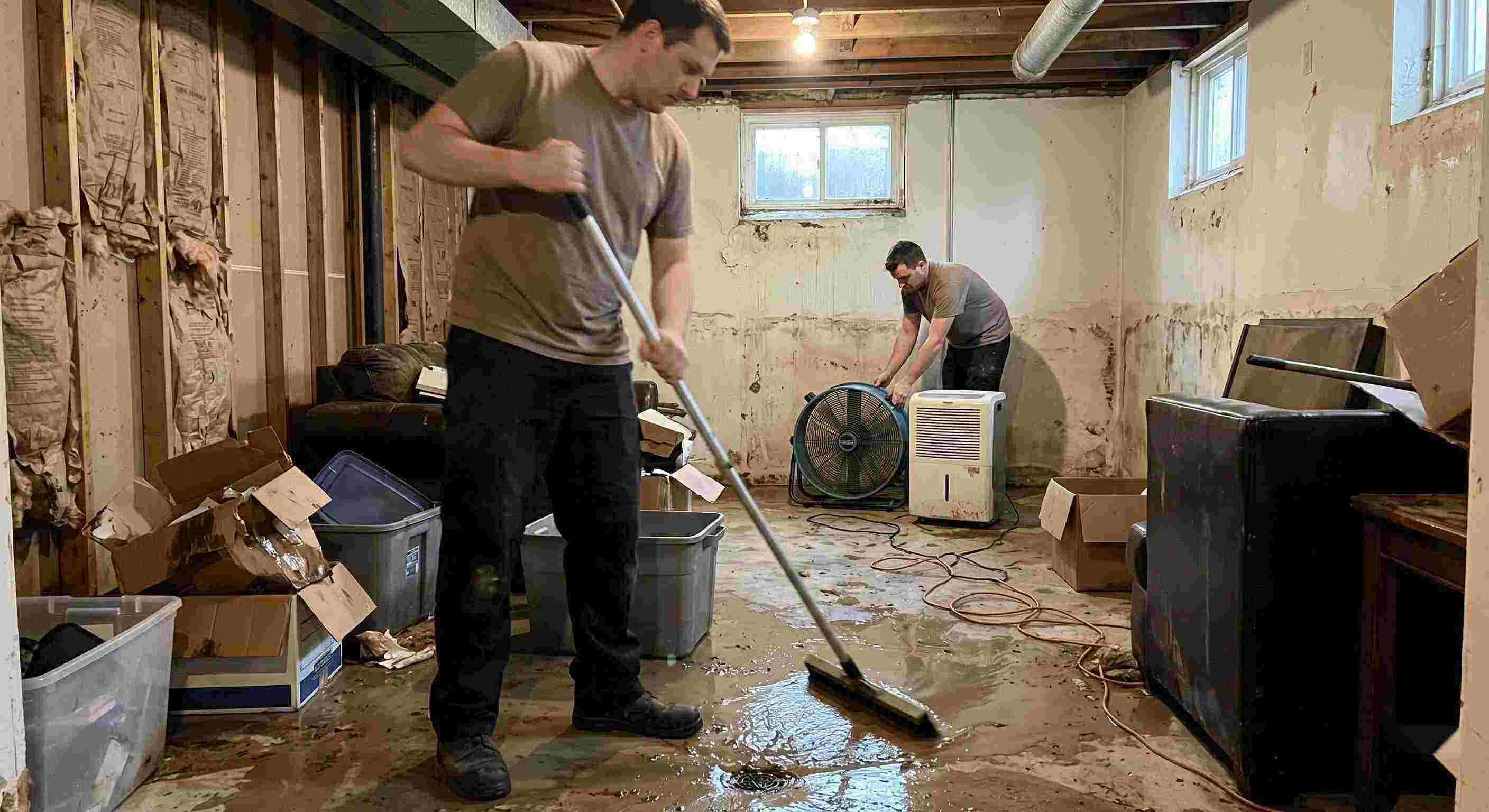 Expert flood and storm damage cleanup in a residential basement with standing water removal and drying equipment in Spring Hill