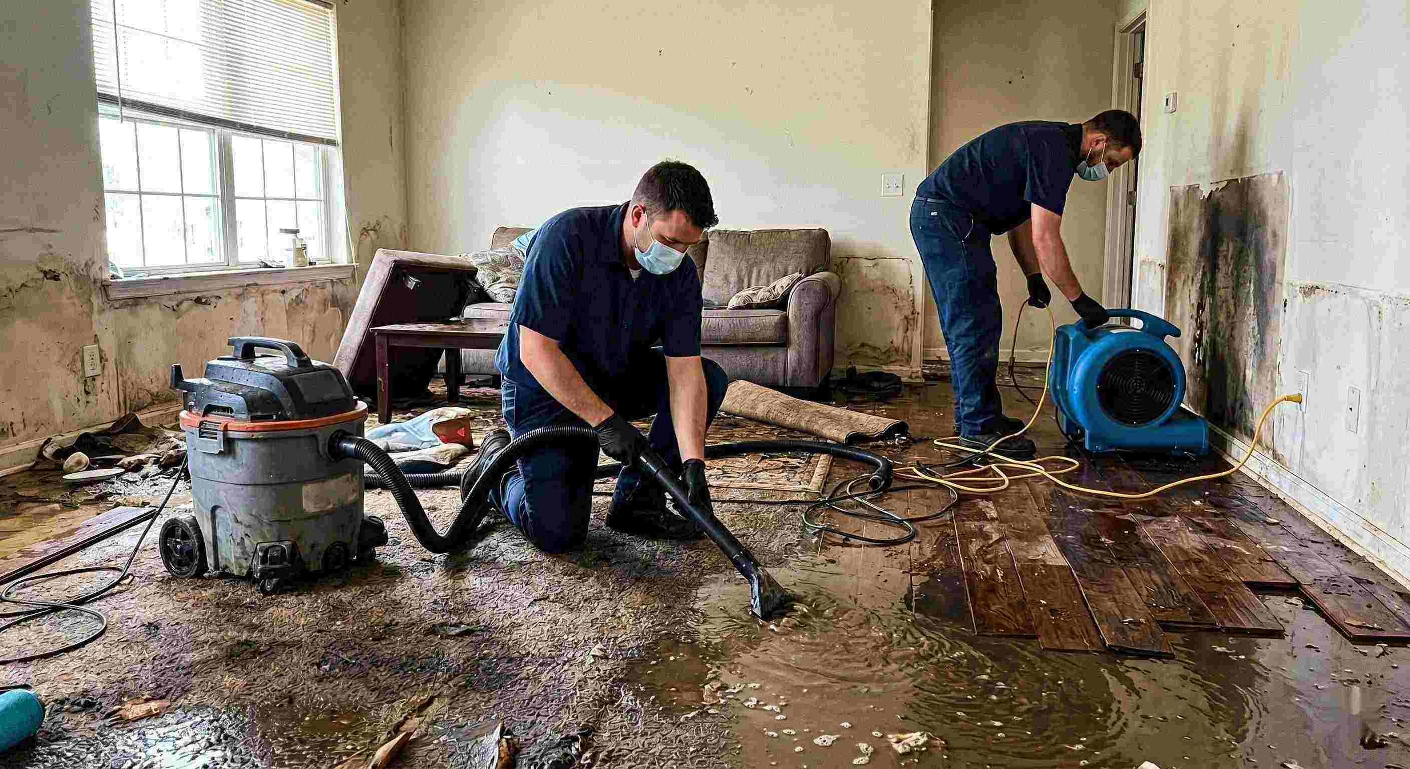 Flood water removal service in a residential home showing technicians extracting standing water and setting up drying equipment in St. Petersburg