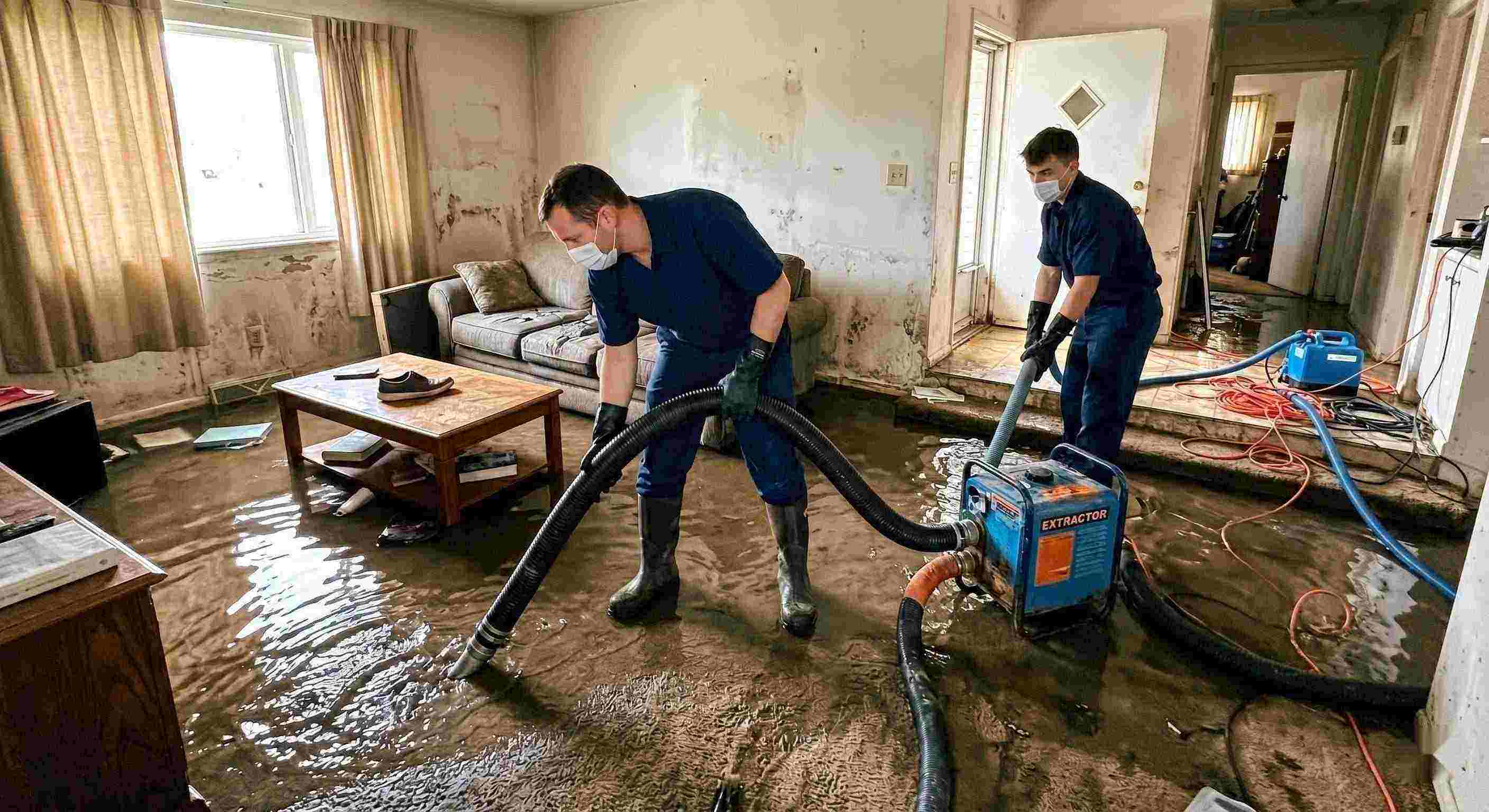Realistic flood water removal inside a home with technicians using pumps and hoses to extract standing water during flood damage restoration in St. Petersburg.