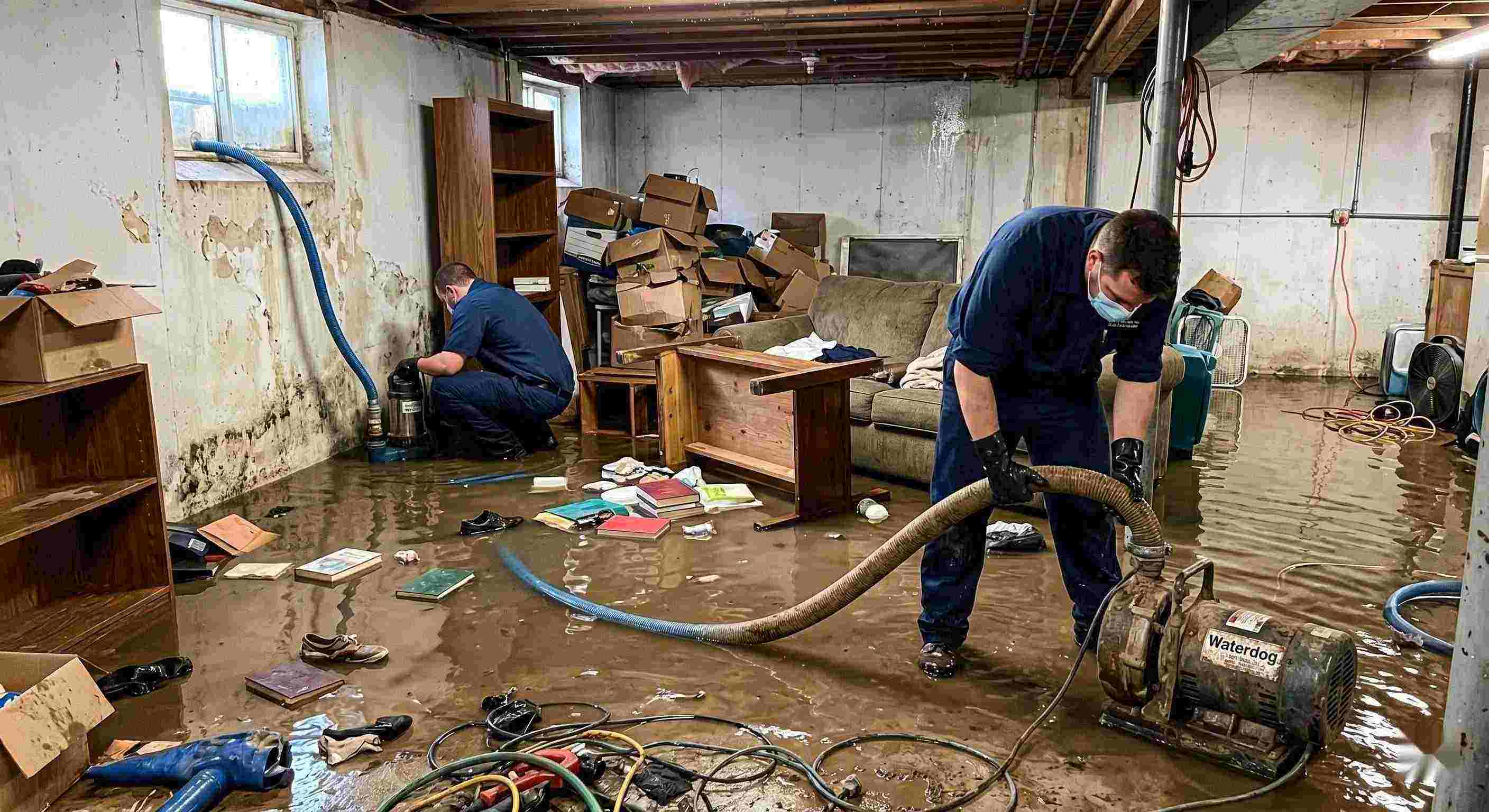 Realistic photo of a flooded basement cleanup with restoration technicians removing standing water in a home in St. Petersburg