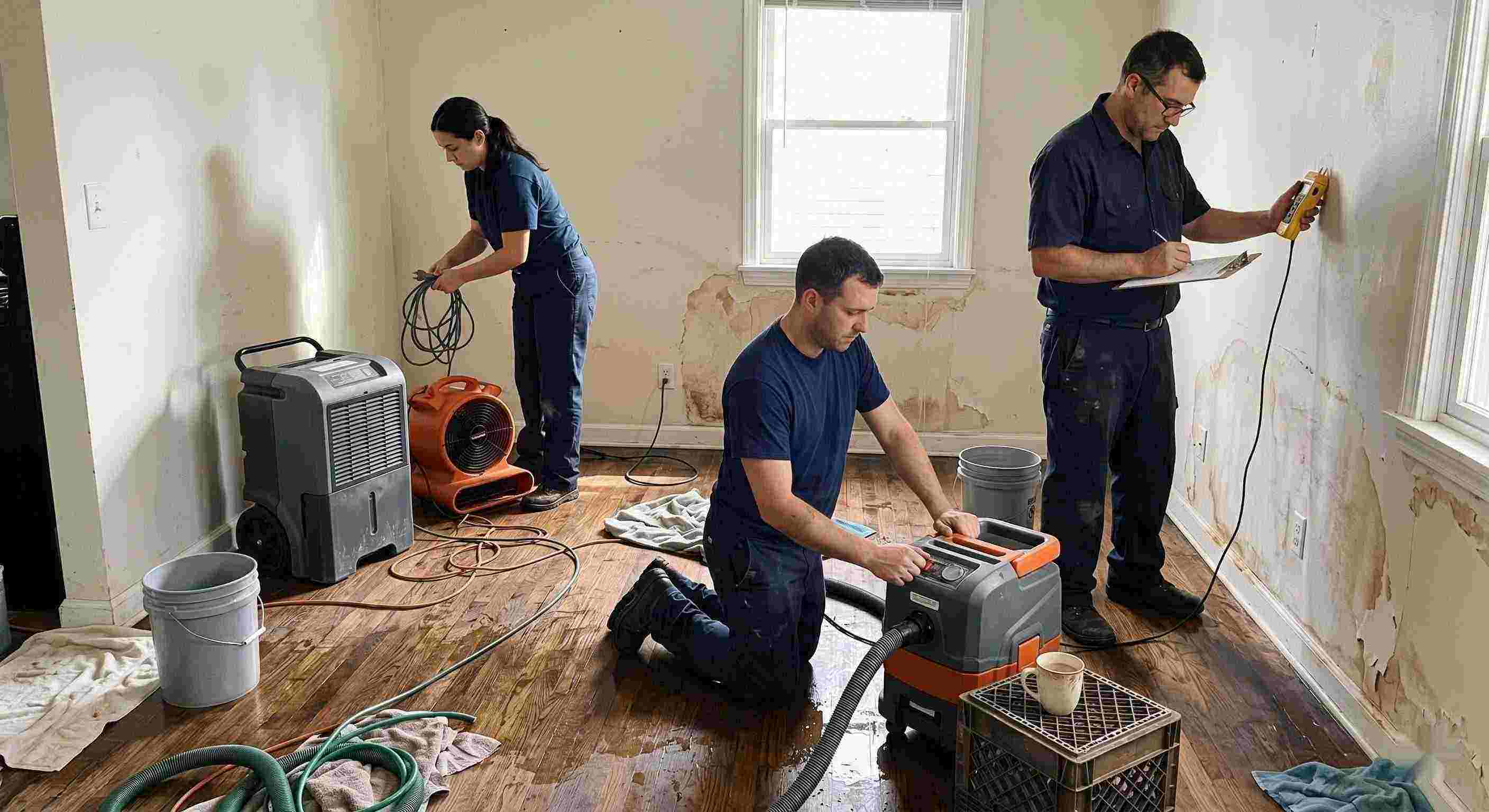 Local leak damage restoration team working with professional equipment to repair water-damaged home in St. Petersburg.