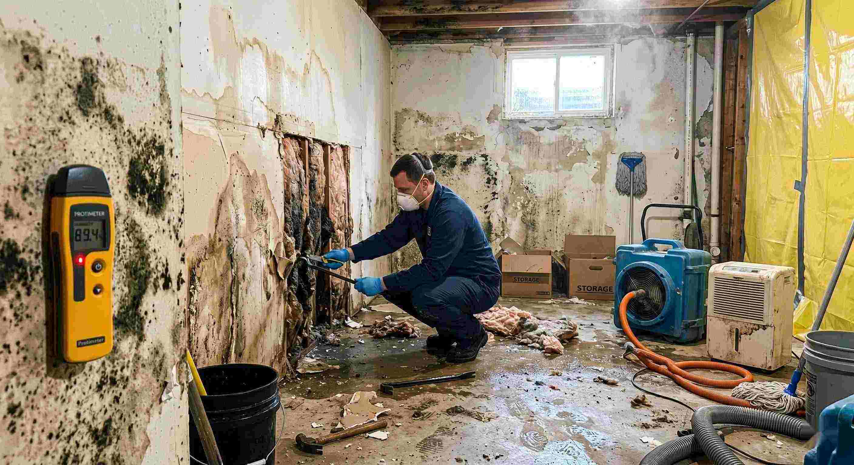 Professional mold after water damage cleanup in a residential home, showing a technician removing water-damaged drywall and treating mold in a damp basement in St. Petersburg.