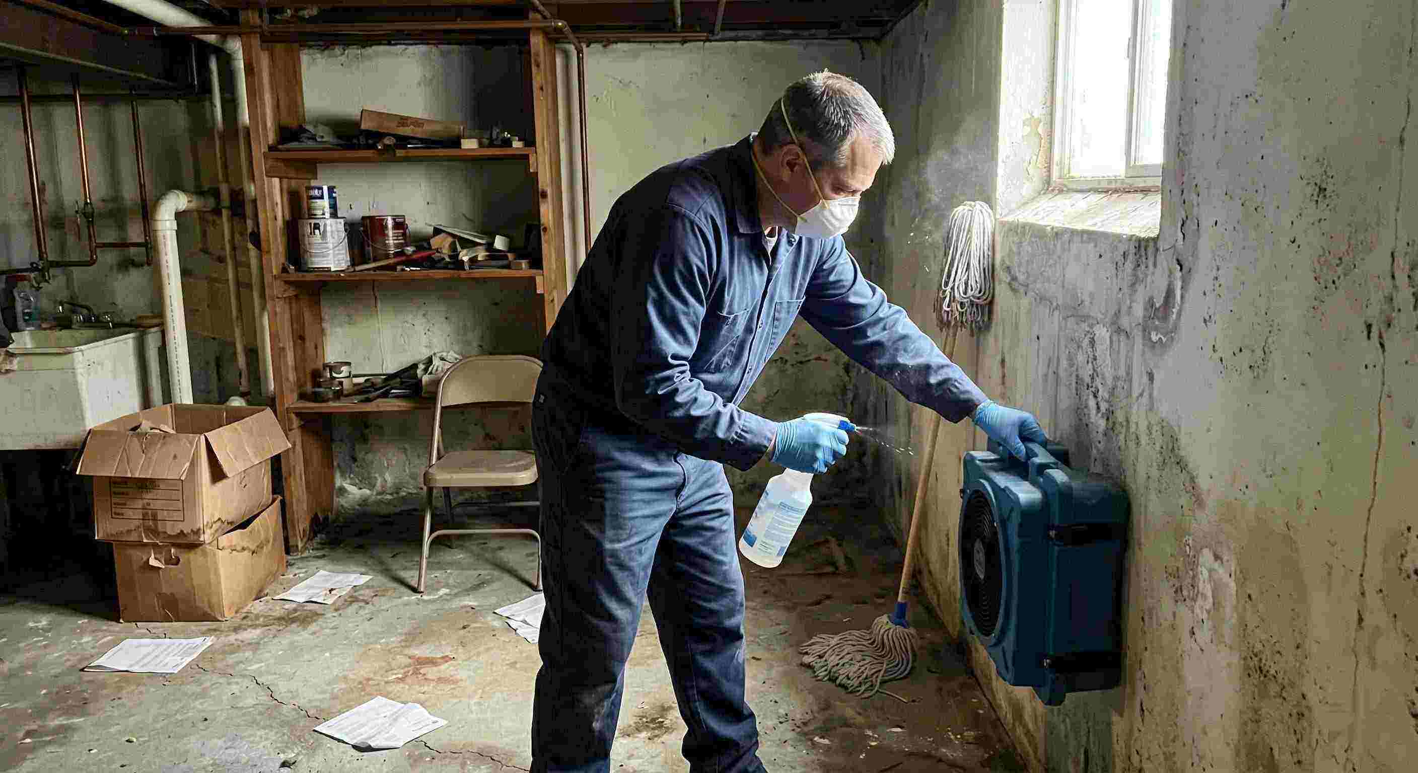 Technician performing mold odor removal in a basement, using HEPA air scrubber and antimicrobial spray, preventing mold growth in a St. Petersburg home.