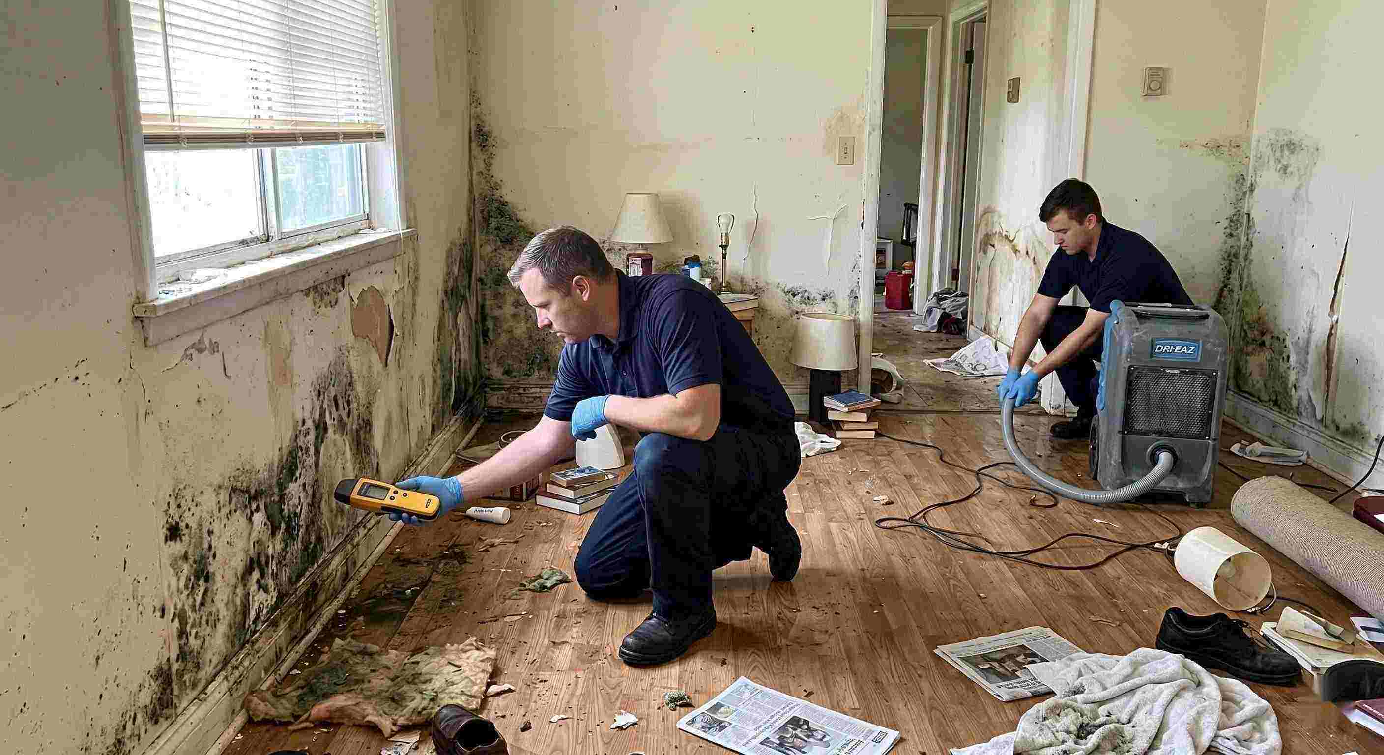 Realistic photo showing mold damage and water-affected walls in a home during mold remediation in St. Petersburg, with technicians inspecting and controlling moisture.