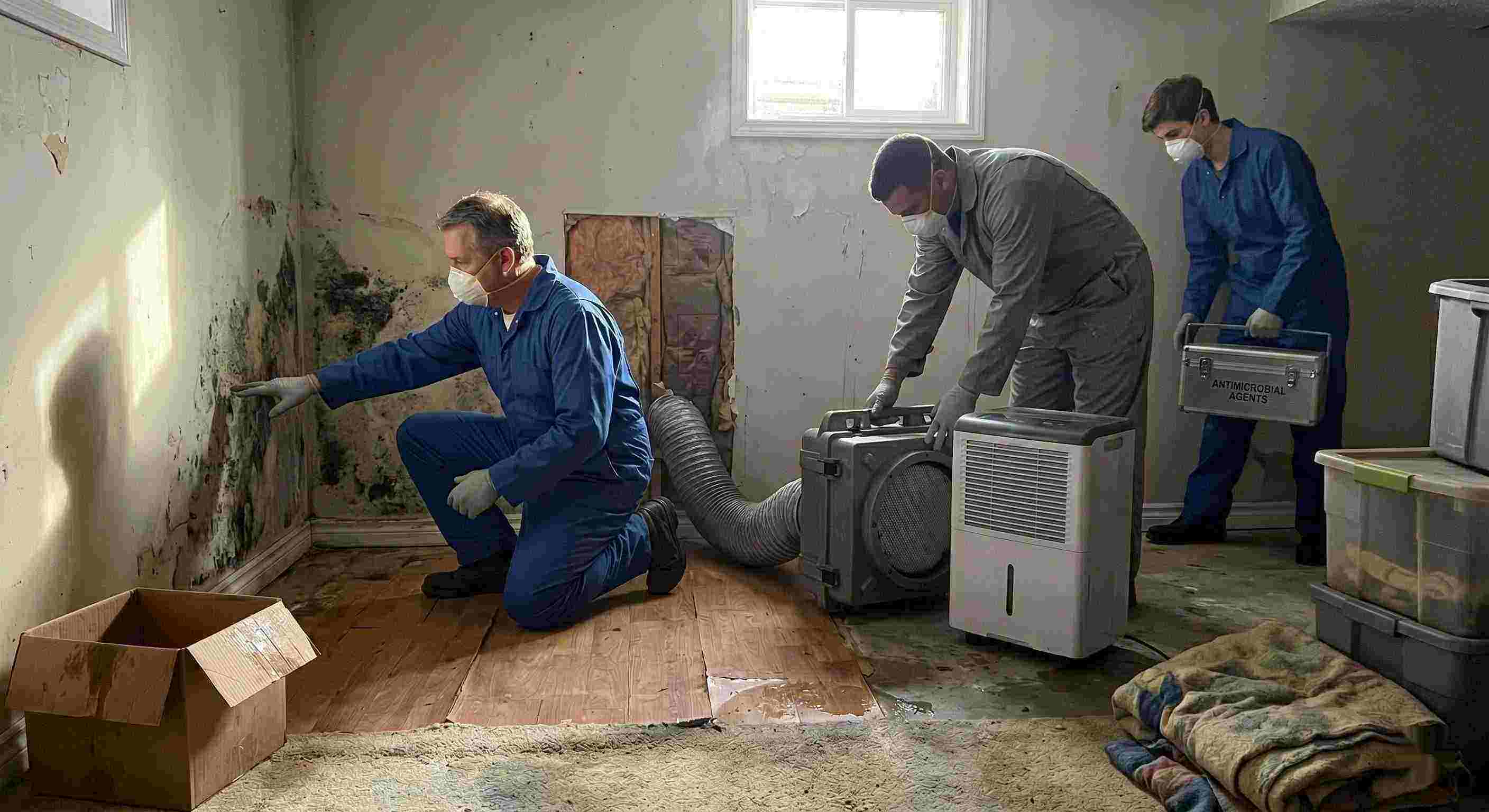 Residential mold remediation team performing inspection and cleanup with dehumidifiers and HEPA filters, showing professional team and equipment in a St. Petersburg home.
