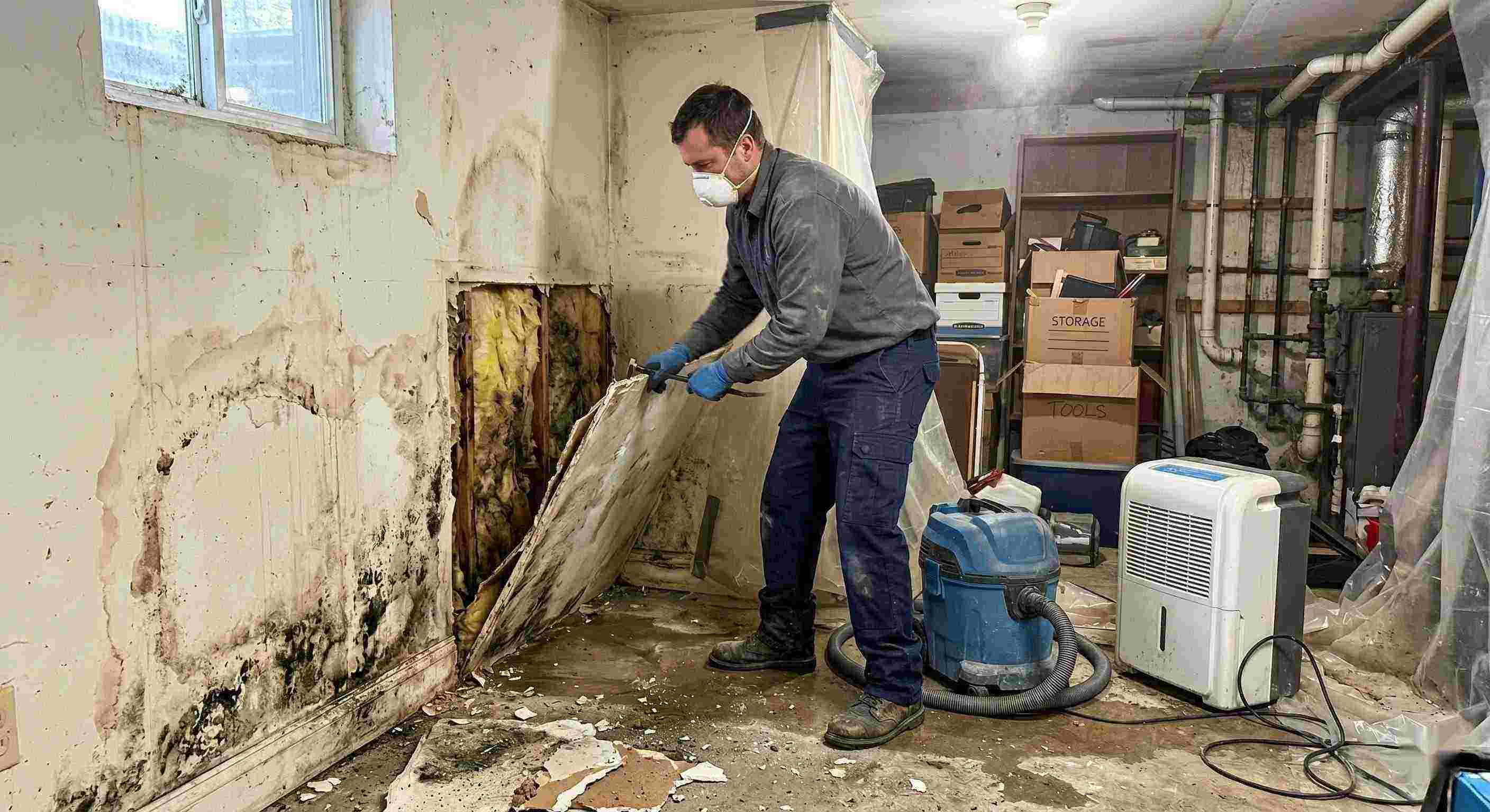 Action shot of a mold remediation technician removing damaged drywall and treating mold in a home basement in St. Petersburg, showing realistic textures, dust, and water damage.