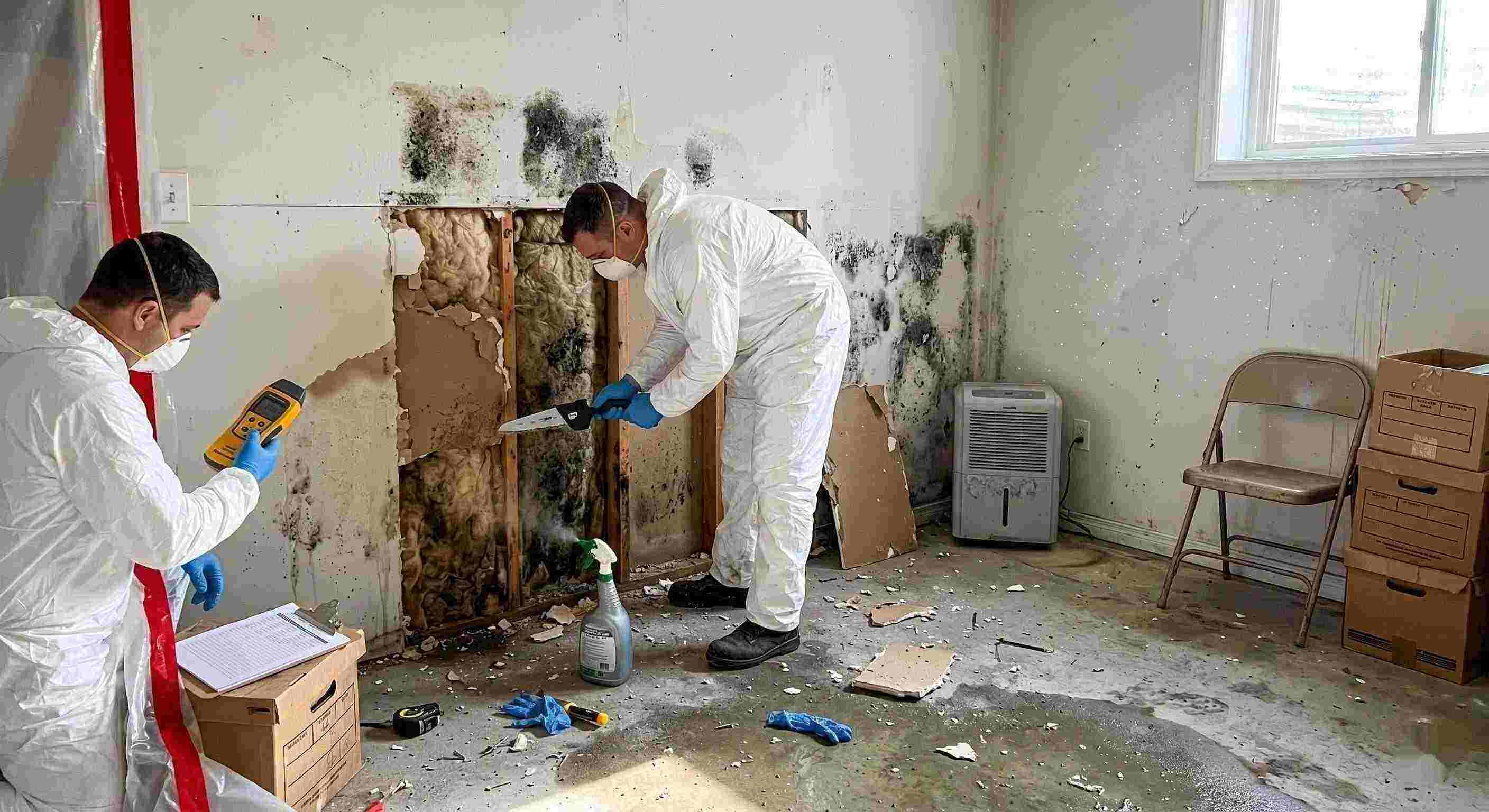 Professional mold removal service in a residential home, showing technicians removing black mold and moisture-damaged drywall in St. Petersburg.