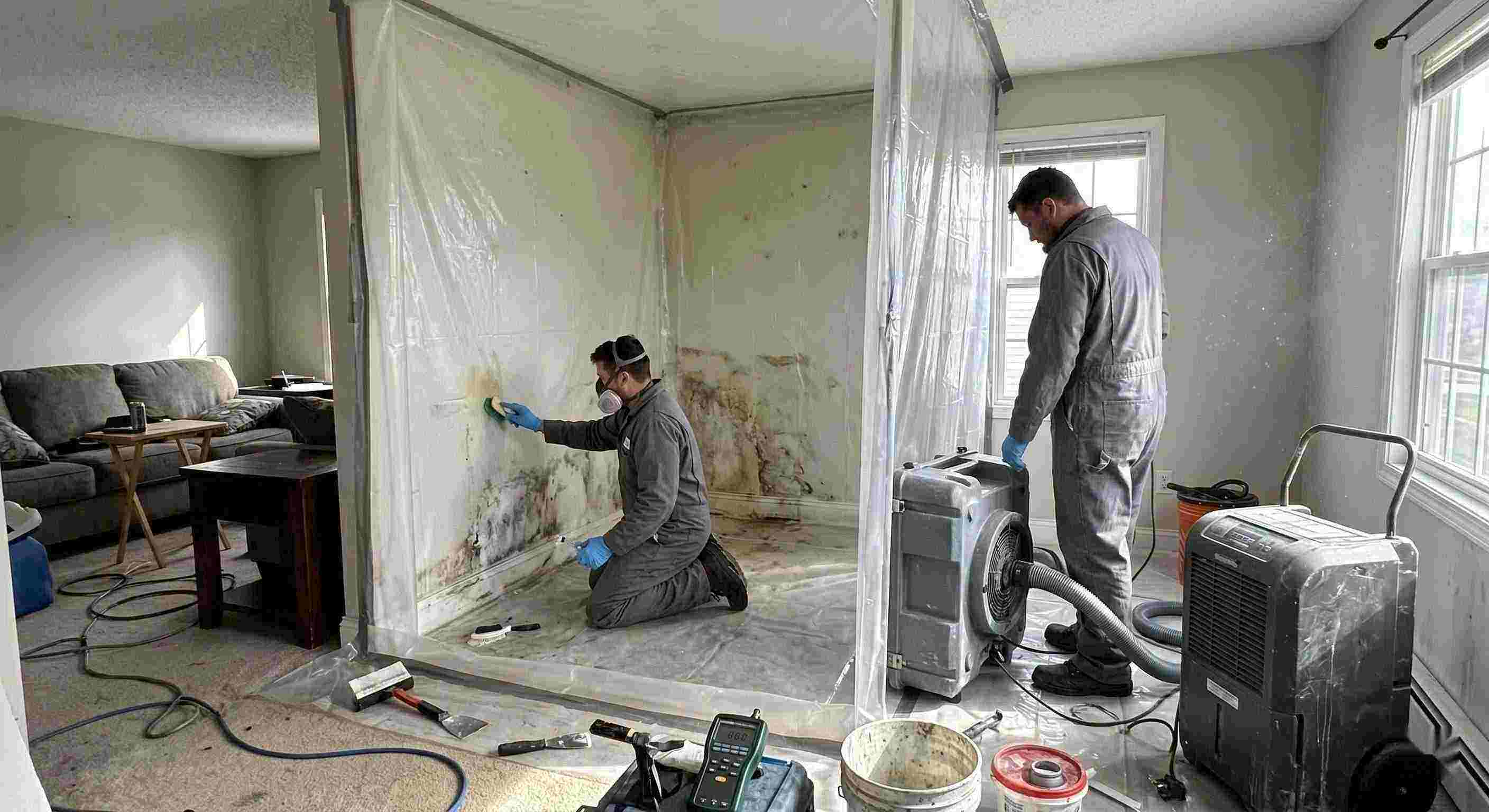 Technicians performing indoor mold removal in a residential home in St. Petersburg, isolating damp areas and using HEPA air scrubbers and dehumidifiers.