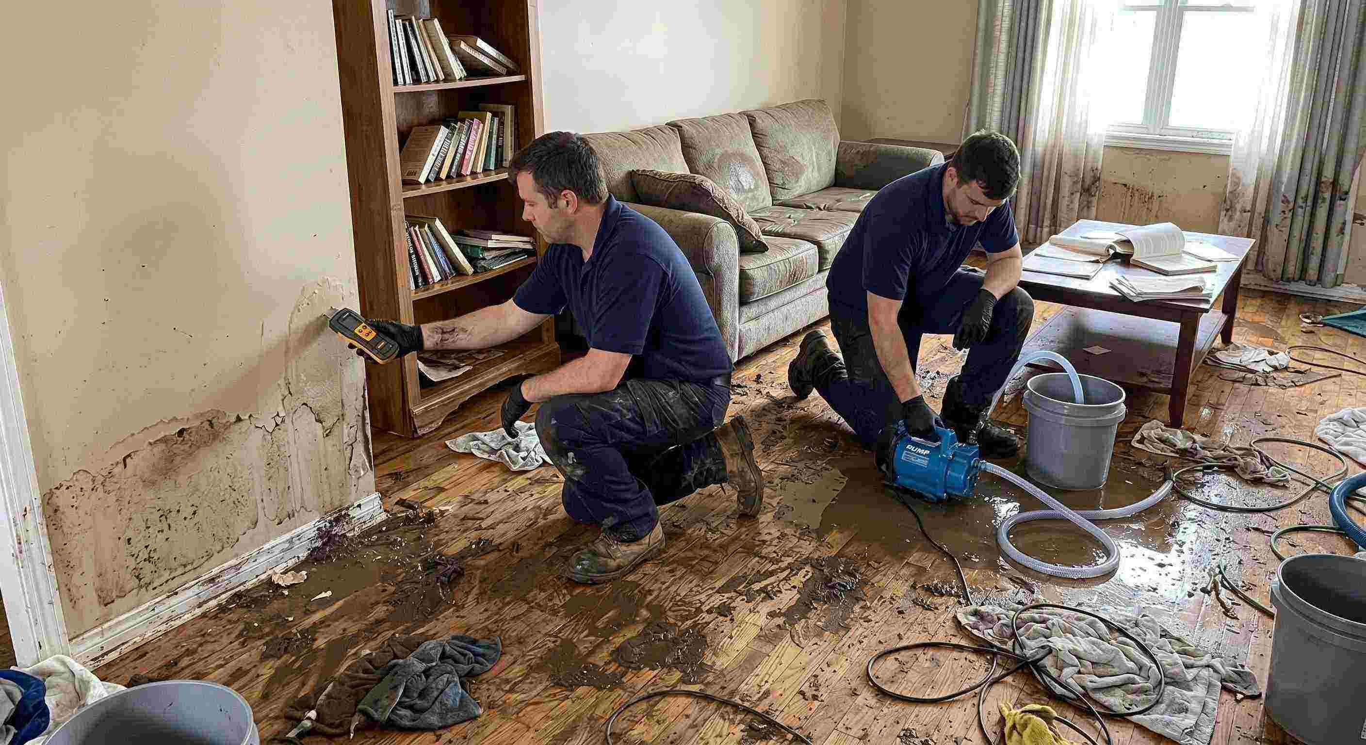 Realistic photo of a technician performing mud and debris removal after flooding in a home in St. Petersburg, showing soaked floors, water-damaged furniture, and scattered cleaning equipment.
