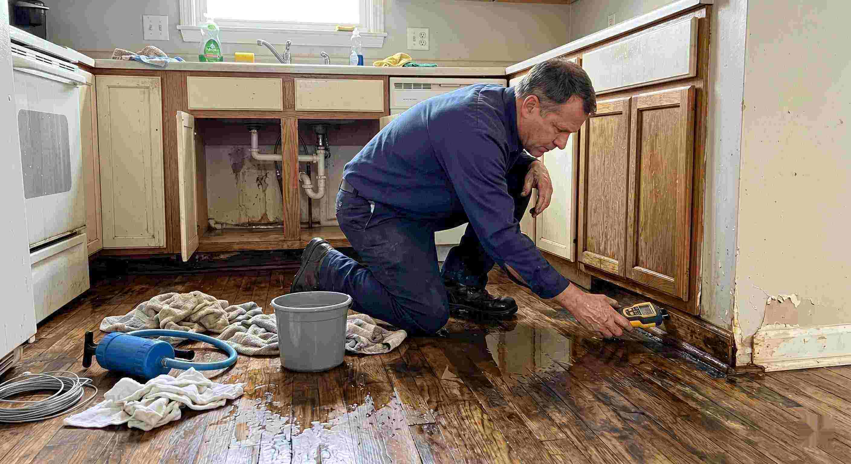 Technician performing pipe leak cleanup in a residential home in St. Petersburg, inspecting water-damaged flooring and cabinets.