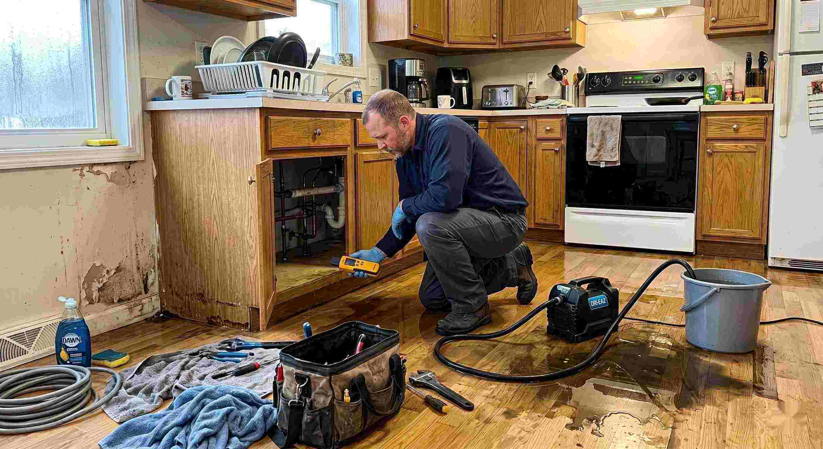 Pipe leak cleanup service in a residential kitchen showing water damage and a technician actively restoring the area in St. Petersburg.
