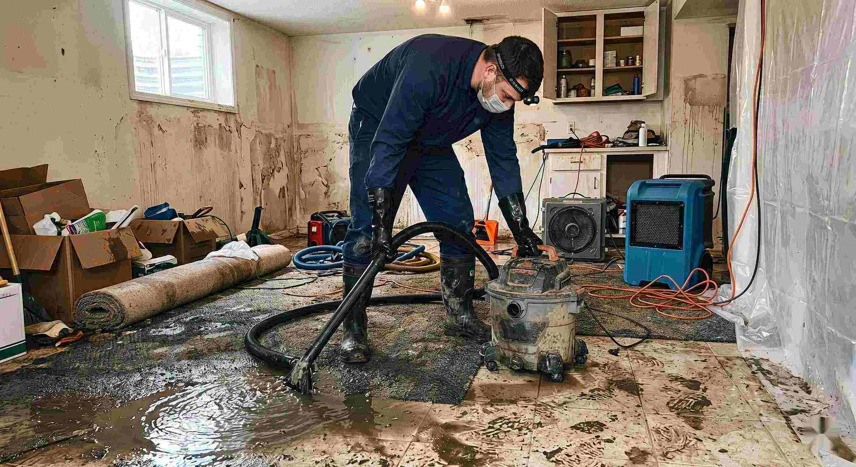 Action shot of a technician performing sewage backup cleanup in a residential home, showing water extraction and sanitation processes in St. Petersburg.