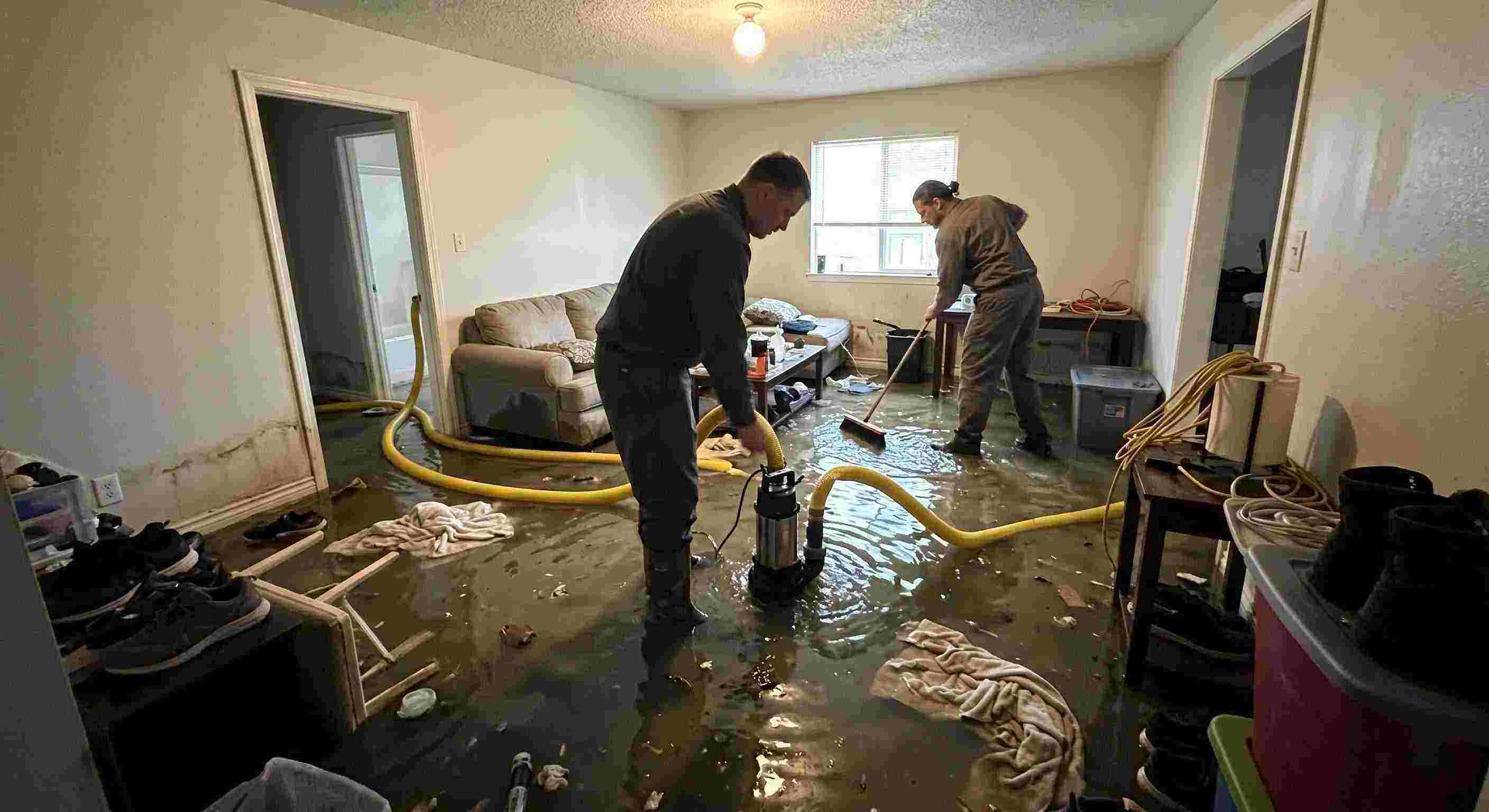 High volume residential pump-out services removing flood water with submersible pumps in St. Petersburg