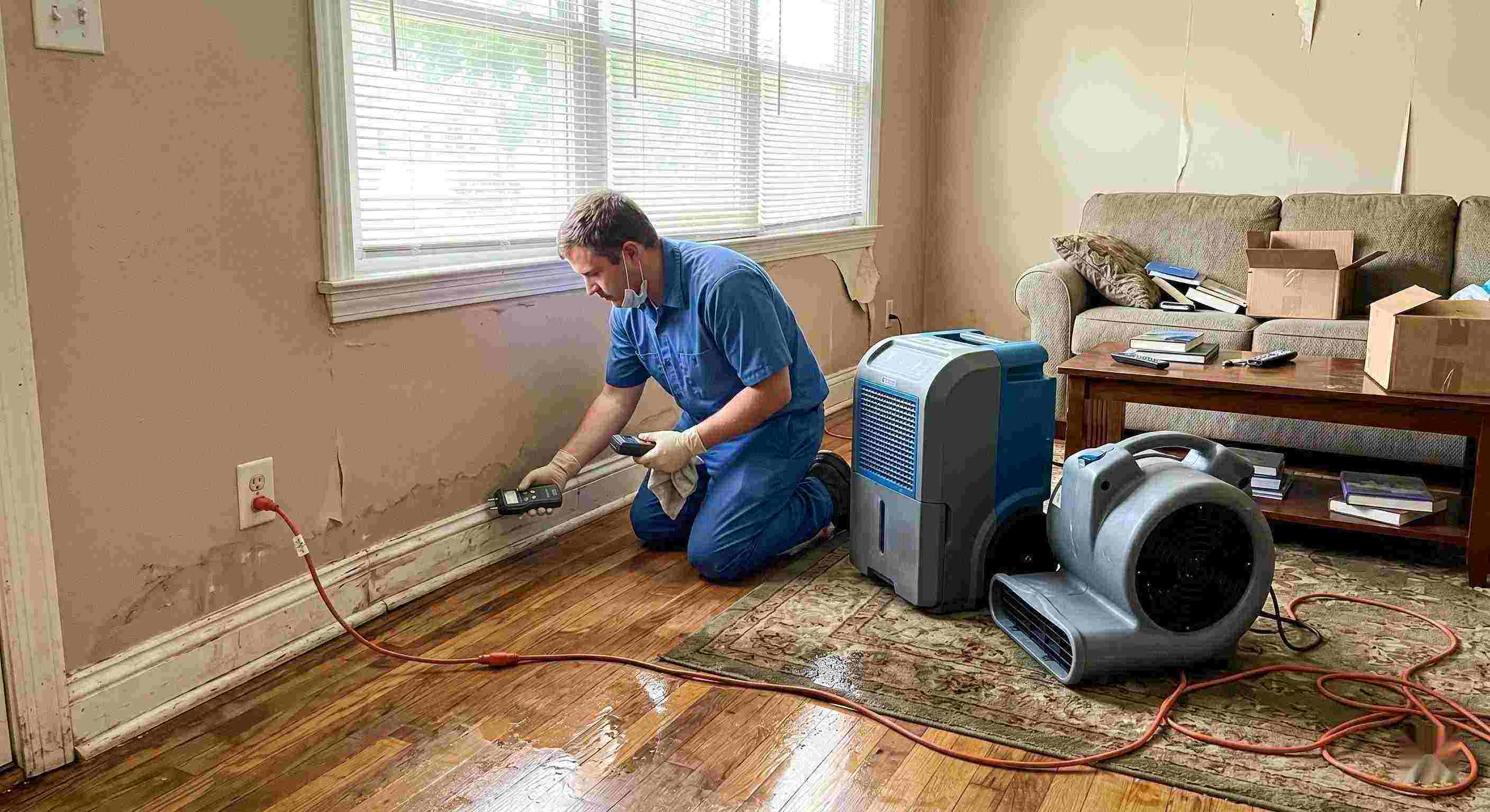 Technician performing rainwater intrusion cleanup in a flooded home in St. Petersburg, showing wet floors, damp walls, and dehumidifiers in use.