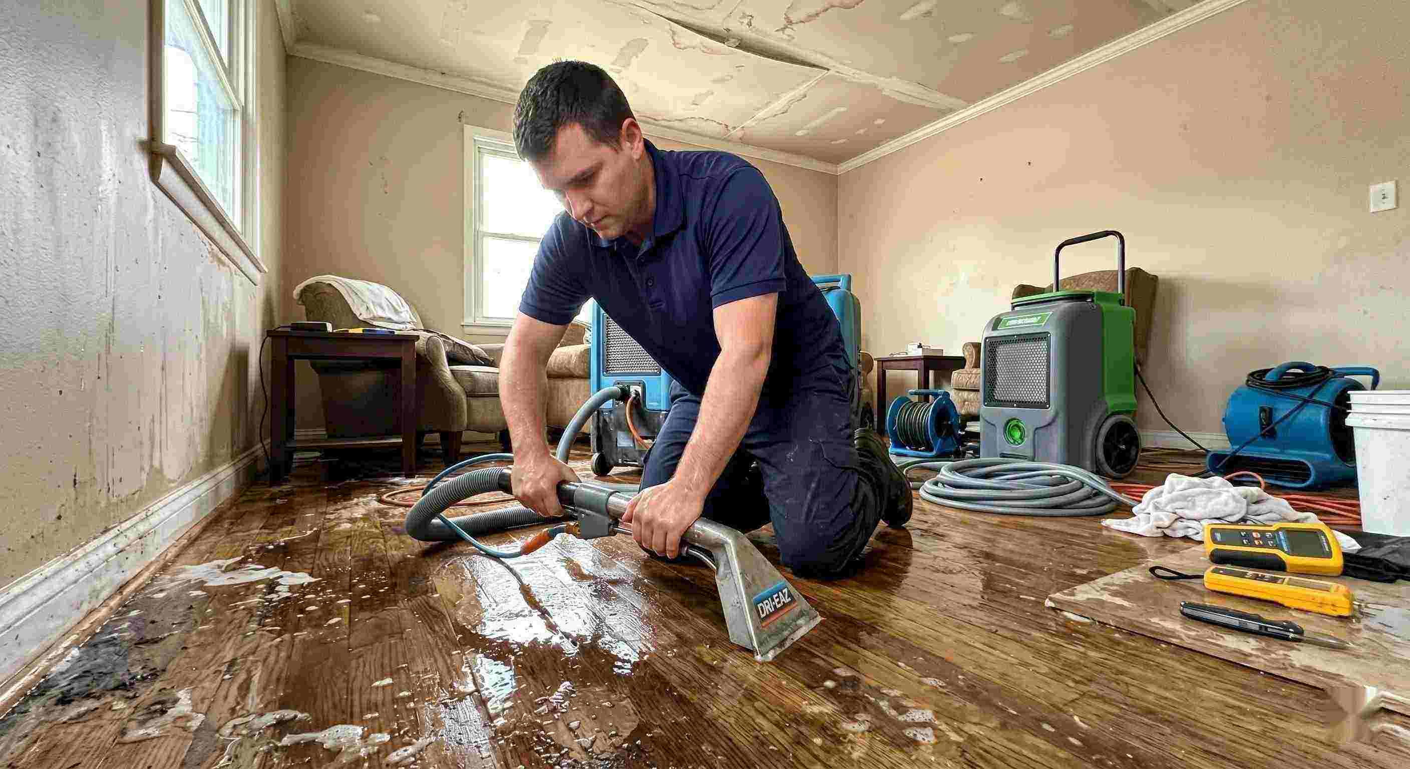 Action shot of a leak damage restoration technician performing water extraction and drying in a home in St. Petersburg, showing realistic water damage and cleanup process.