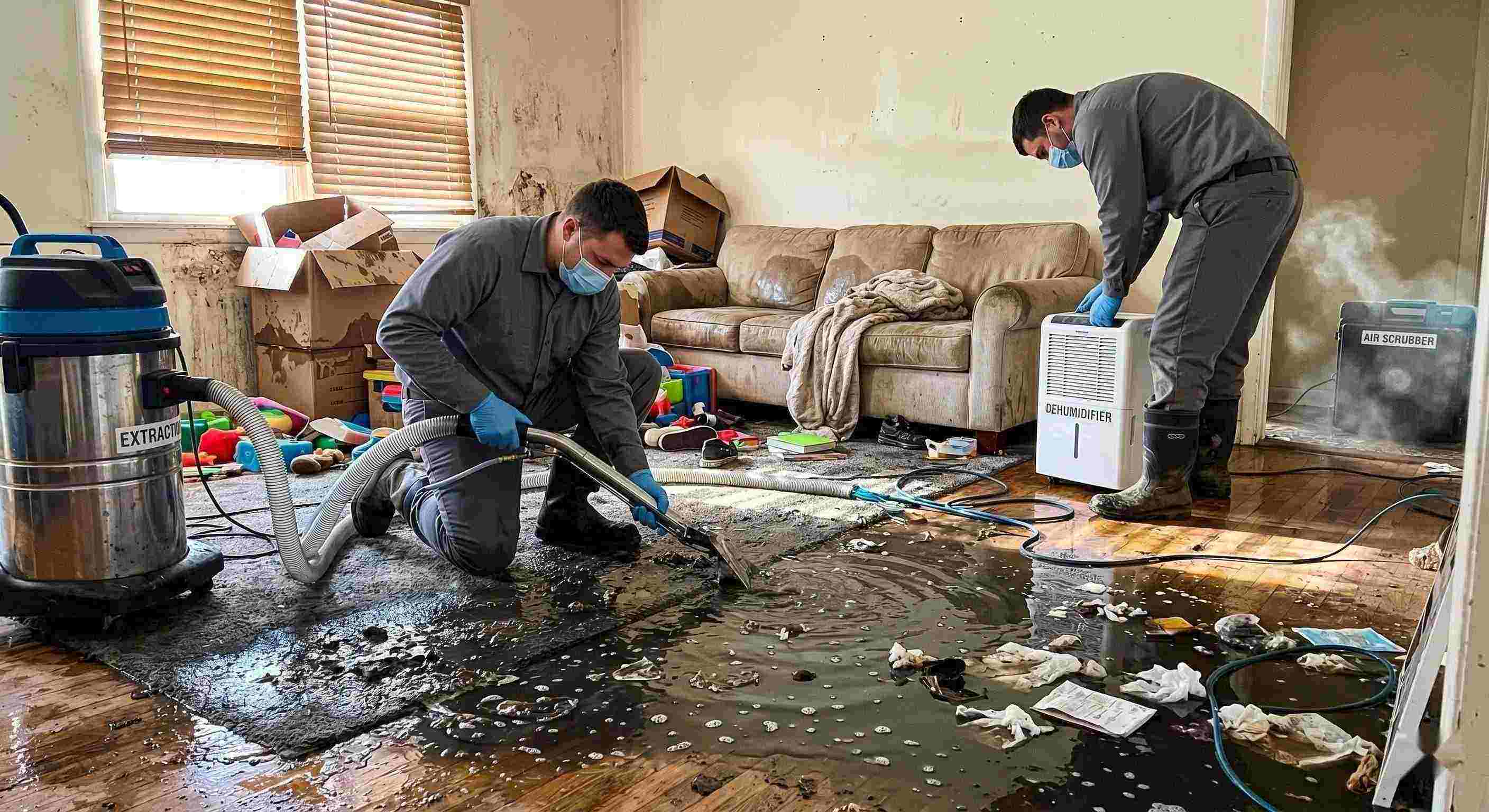Realistic image of a residential sewage backup cleanup in progress, with technicians removing contaminated water and using drying equipment in a home in St. Petersburg.