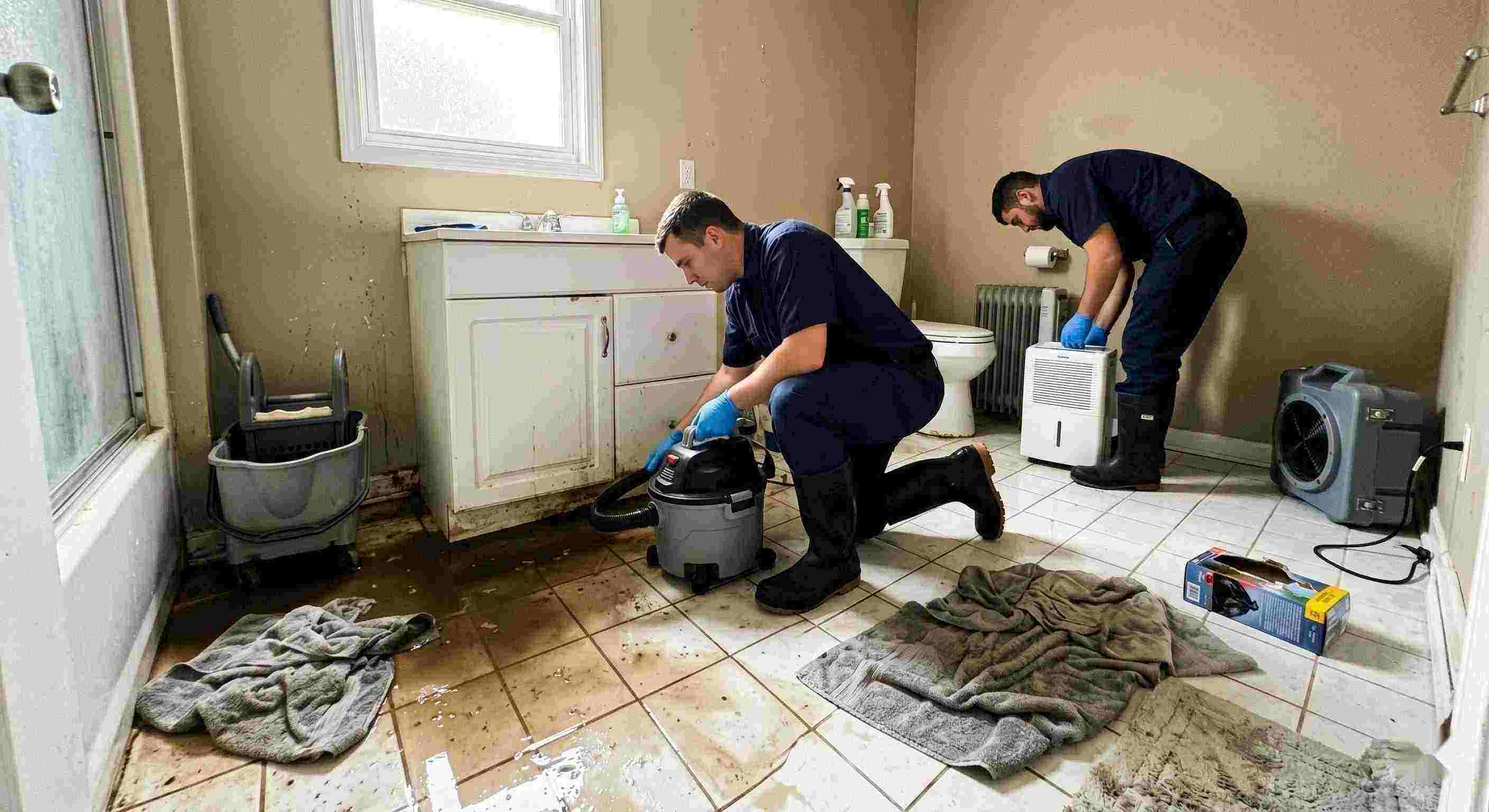 Realistic sewage backup cleanup in a home bathroom, technician extracting contaminated water during emergency sewage cleanup in St. Petersburg