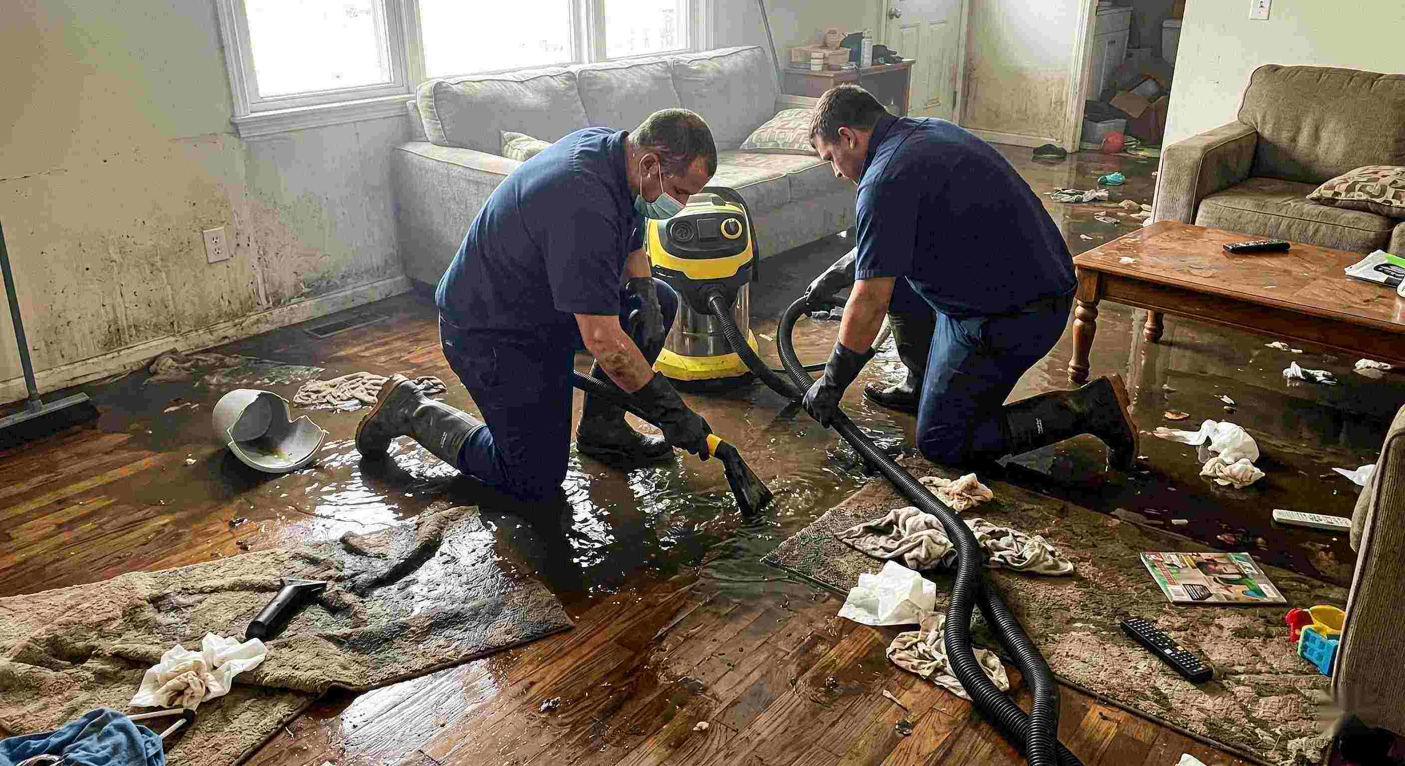 Realistic scene of sewage backup cleanup in a home showing technicians removing contaminated water in St. Petersburg.