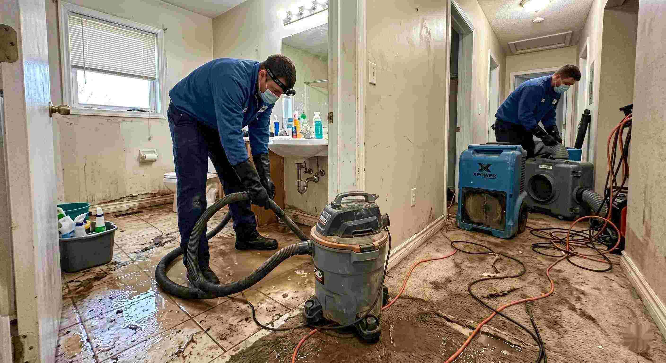 Sewage backup cleanup in a home with technicians removing contaminated water and drying surfaces in St. Petersburg