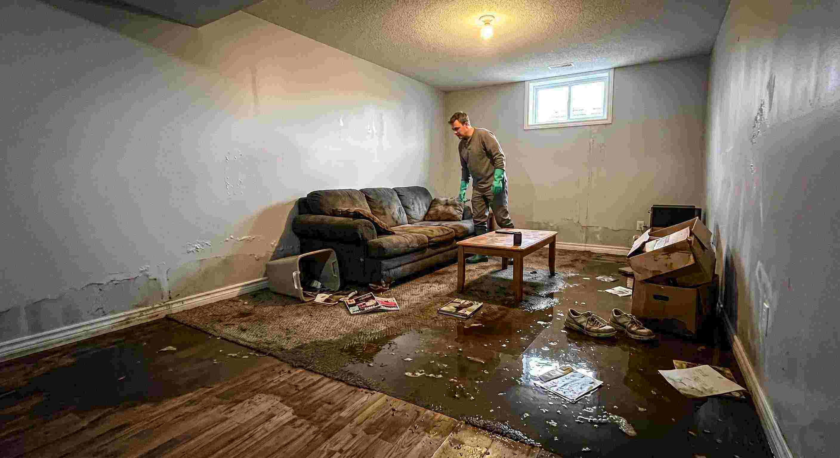 severe sewage backup damage spreading across basement floors and walls in St. Petersburg home