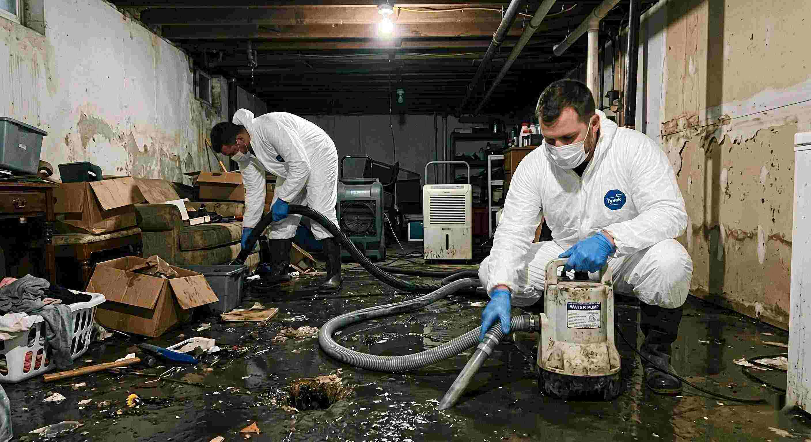 sewer backup cleanup technicians removing contaminated water from flooded basement in St. Petersburg