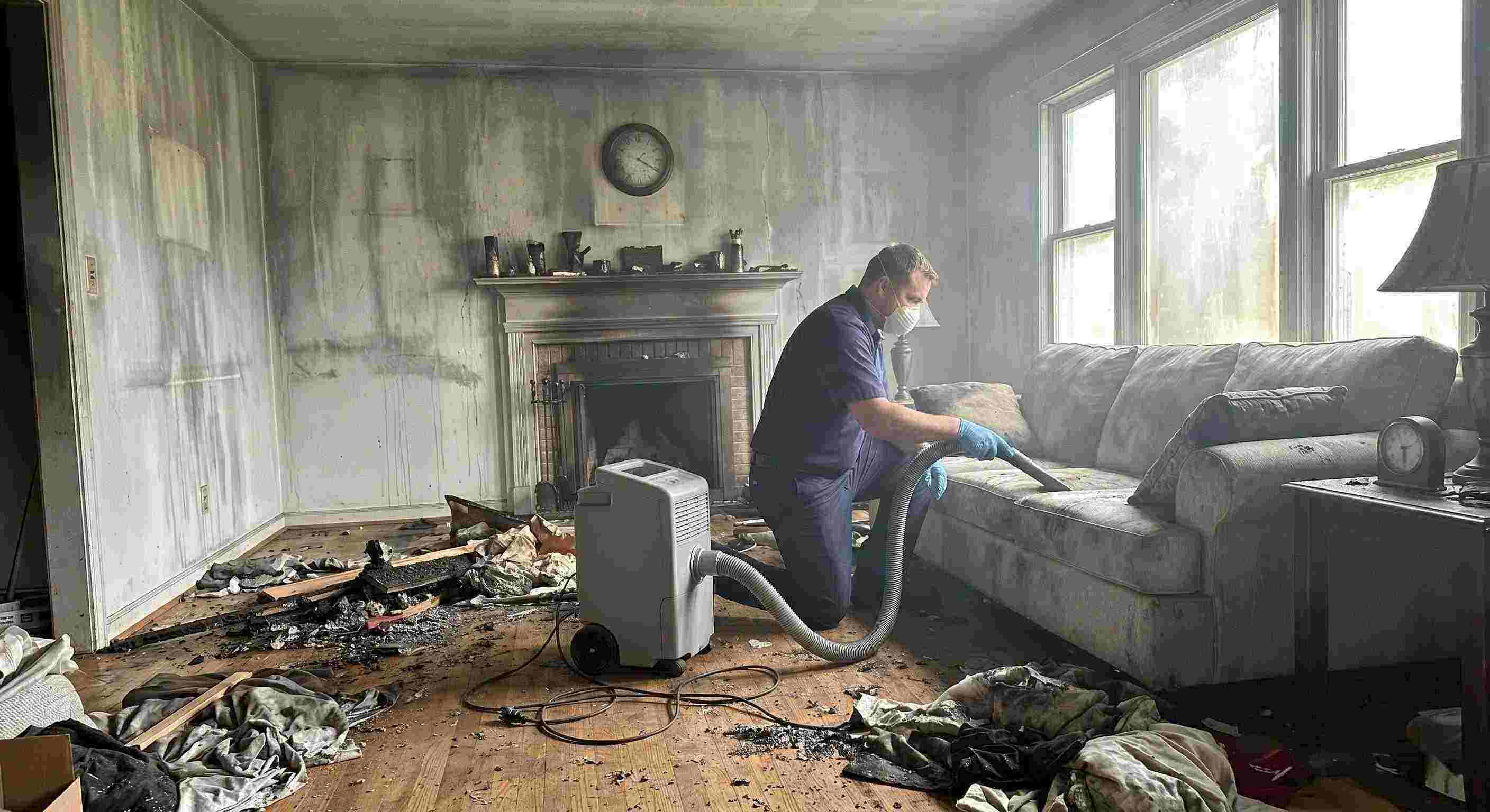 Realistic post-fire smoke damage removal in a home with soot-covered walls and debris being cleaned by a technician in St. Petersburg.