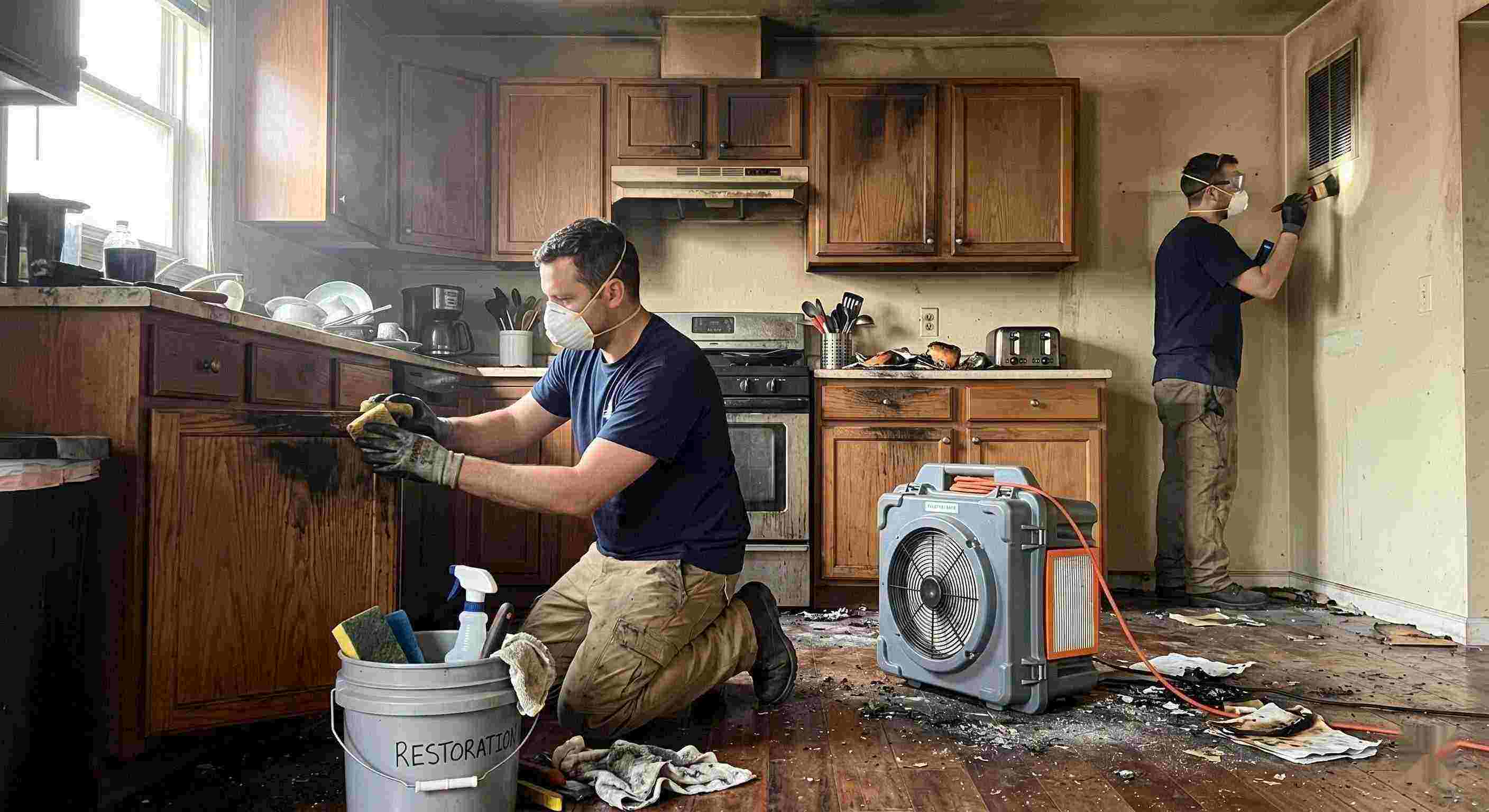 Technicians performing smoke damage removal in a home in St. Petersburg after a kitchen fire, cleaning soot and restoring indoor air quality.