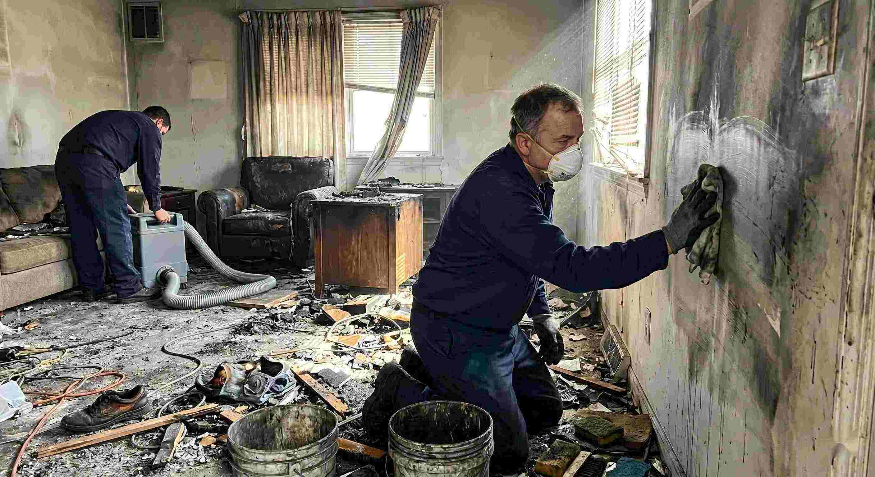 Technician performing soot removal in a fire-damaged home in St. Petersburg, carefully cleaning walls and surfaces covered in smoke residue and ash