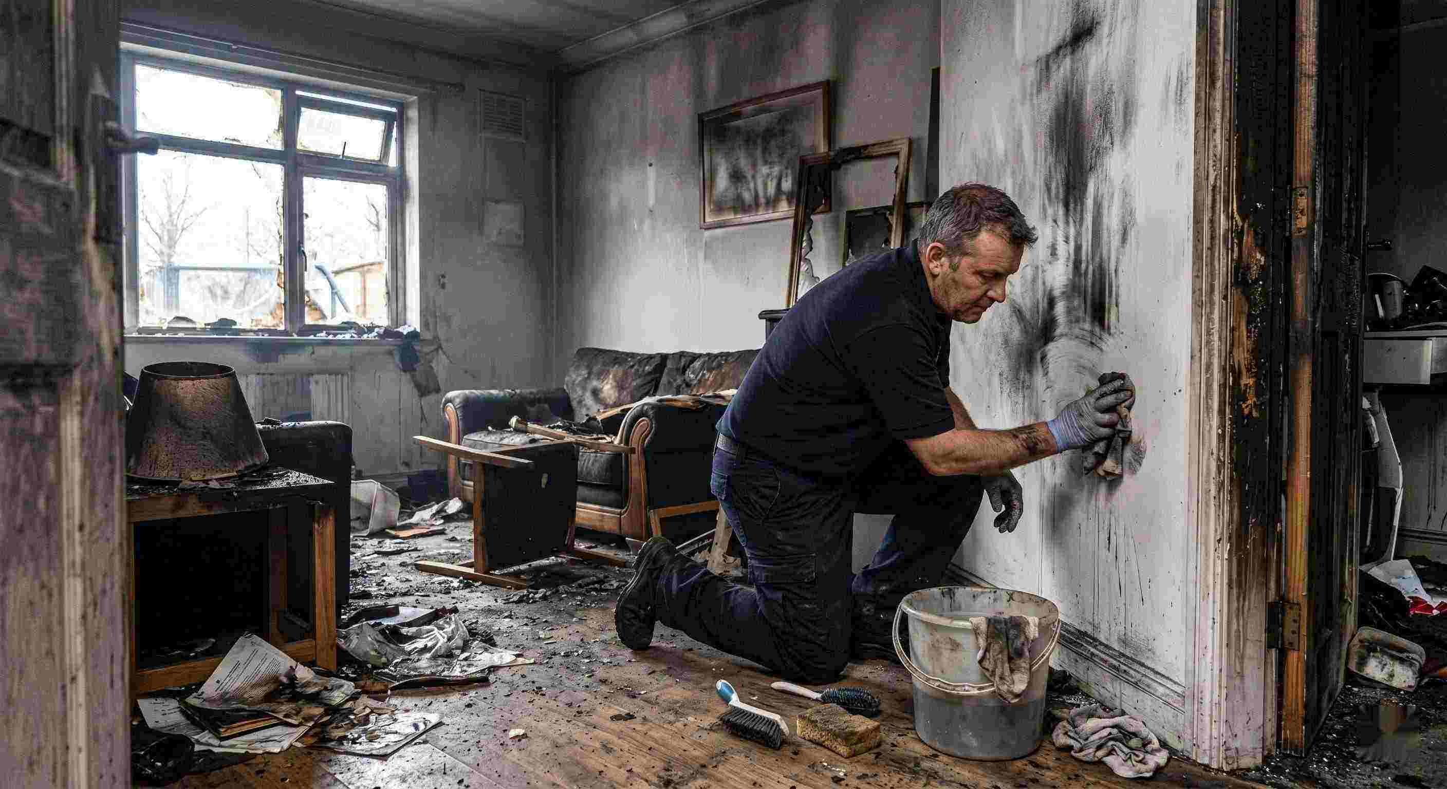 Technician performing soot removal in a fire-damaged home in St. Petersburg, restoring smoke-damaged walls and surfaces.